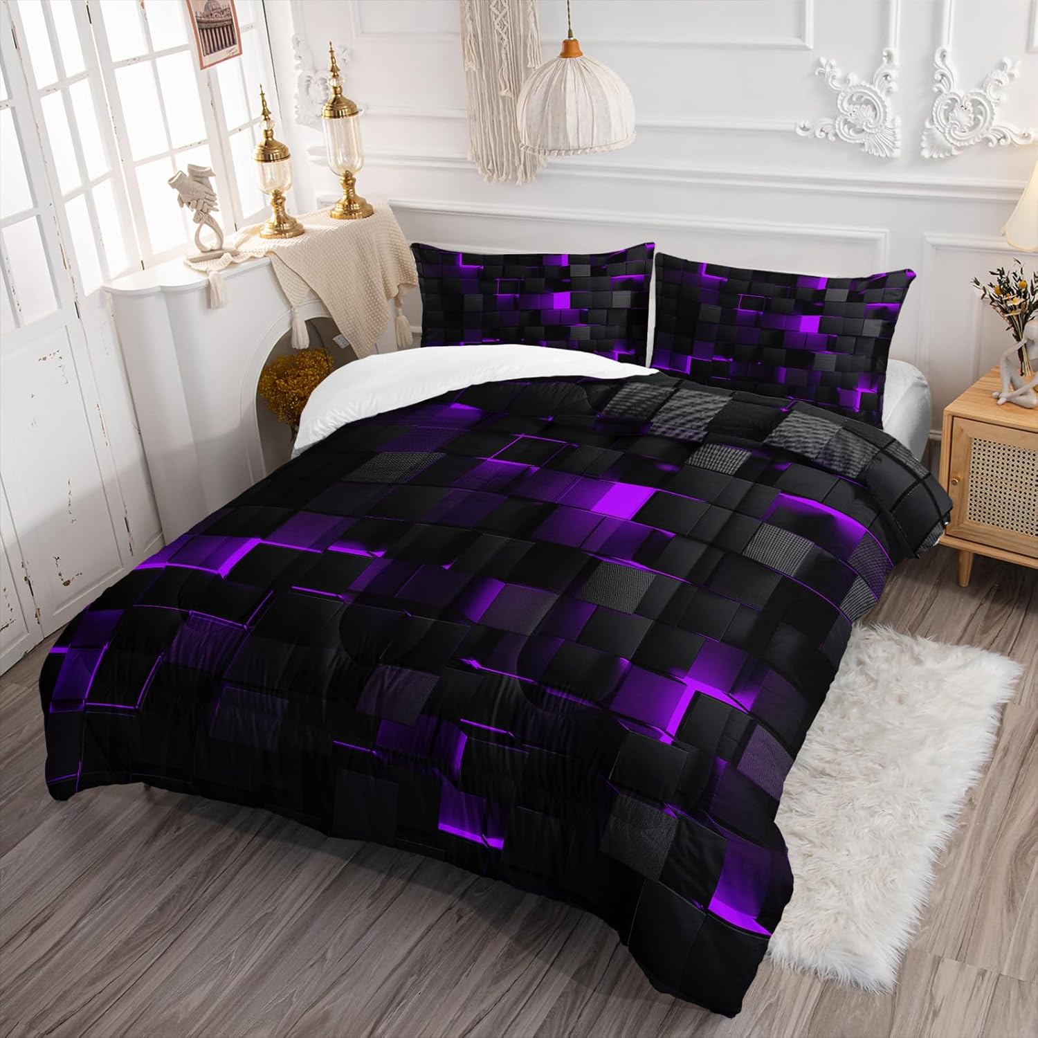 Nttopship Geometric Violet Comforter Set 3 Piece Queen Size