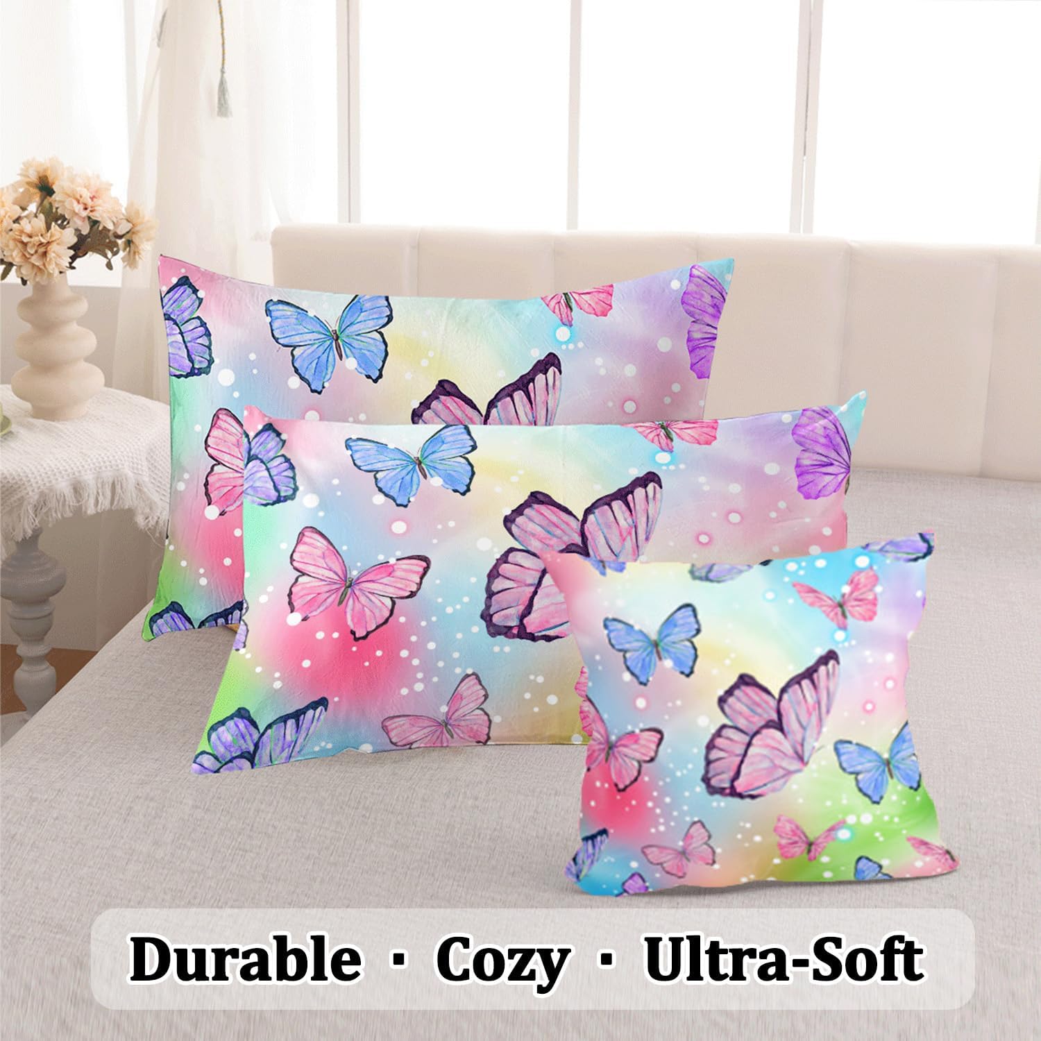 ASKOTU 4 Pcs Rainbow Butterfly Comforter Set for Girls