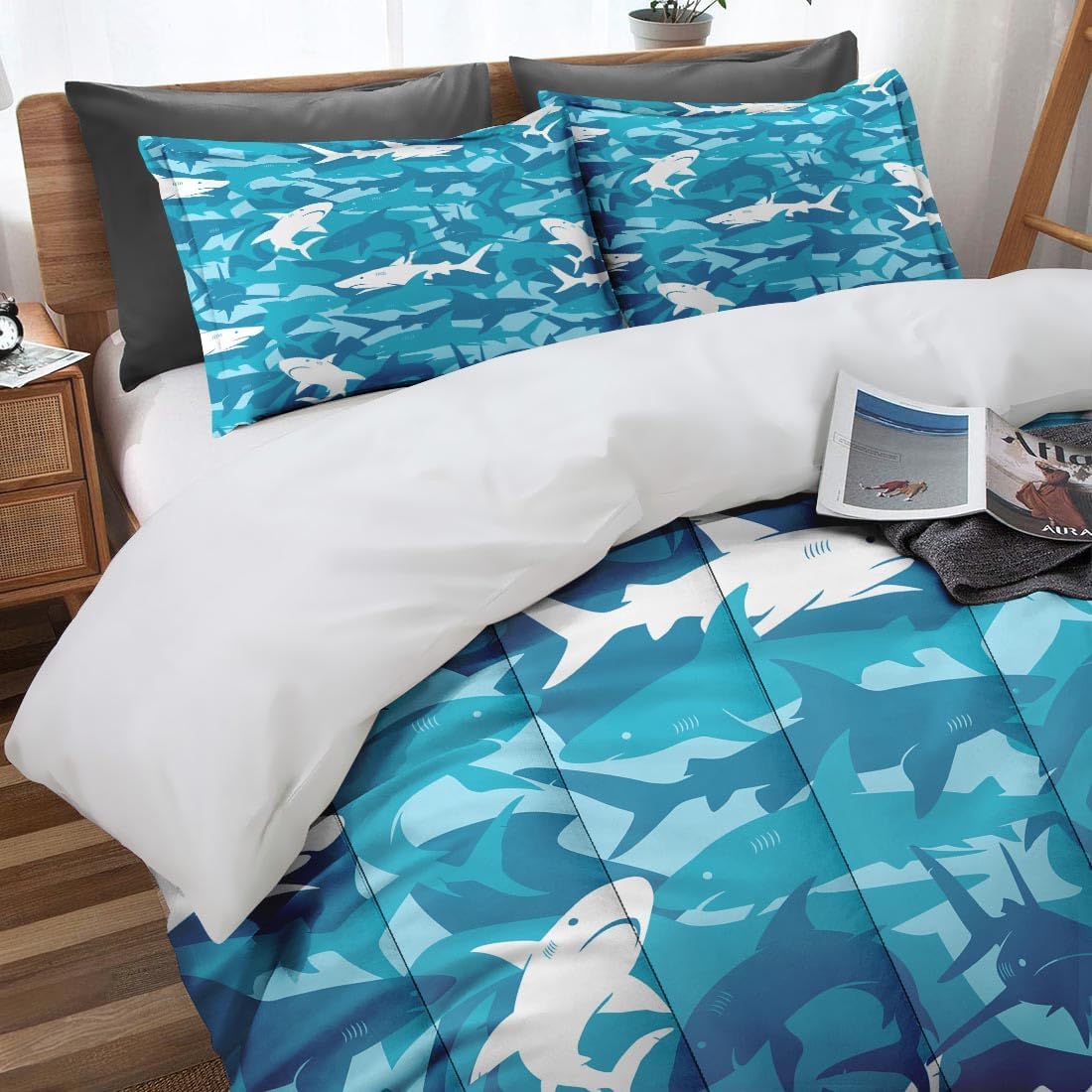 Blue Shark Fish Comforter Set 3 Piece