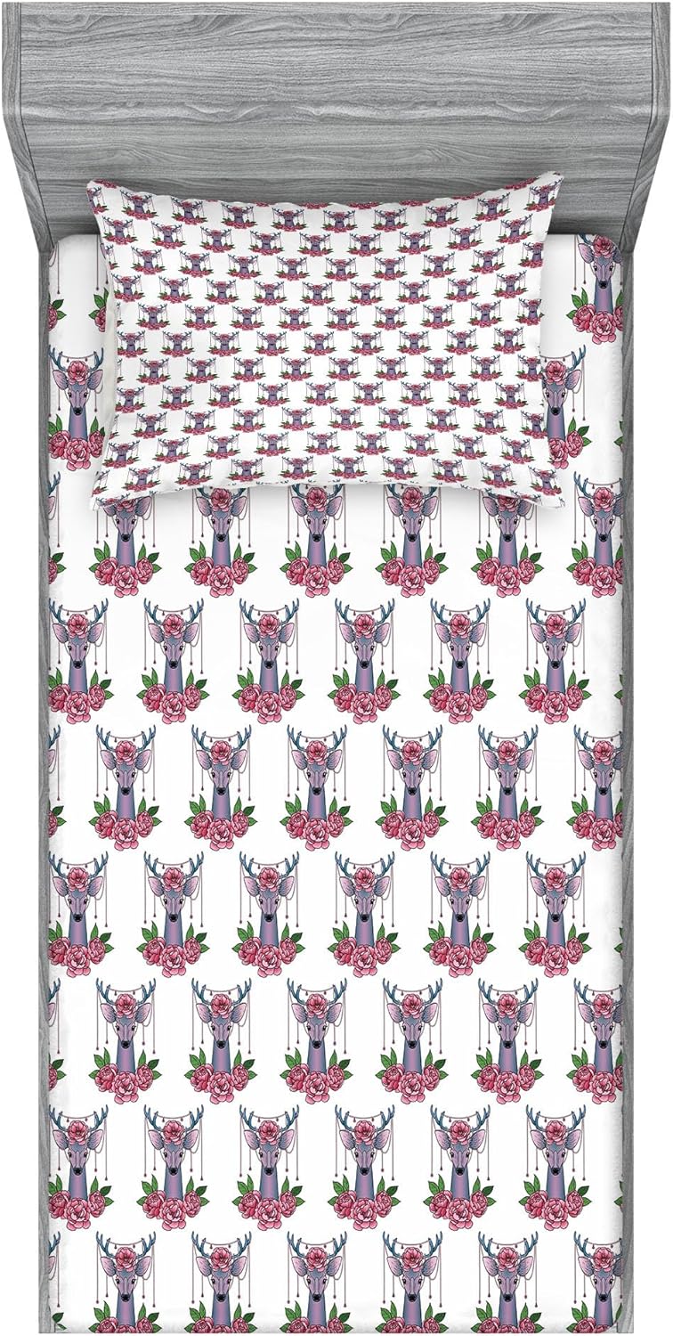 Ambesonne Deer Head Sheet Pillow Sham Set Mauve Coral Green
