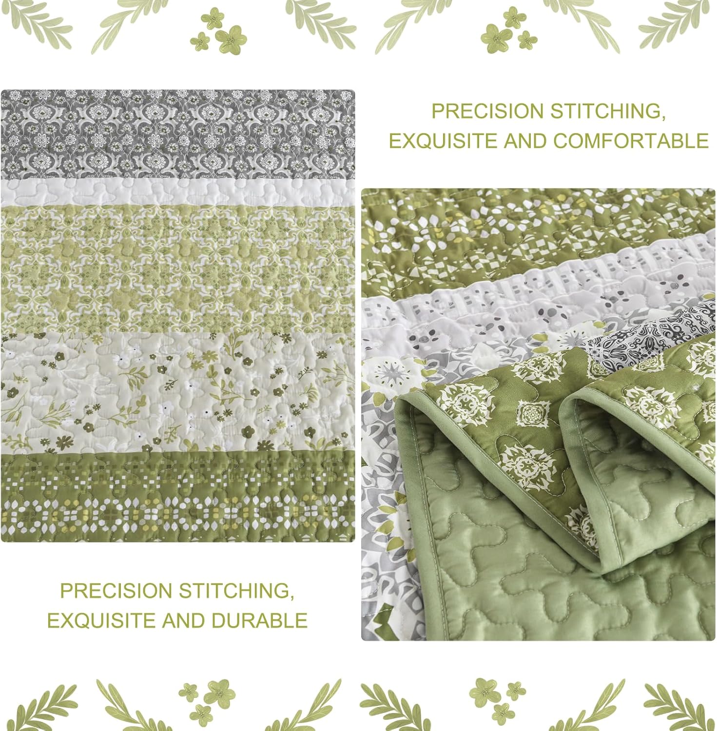 WONGS BEDDING Boho Quilt Set Queen Size Olive Green