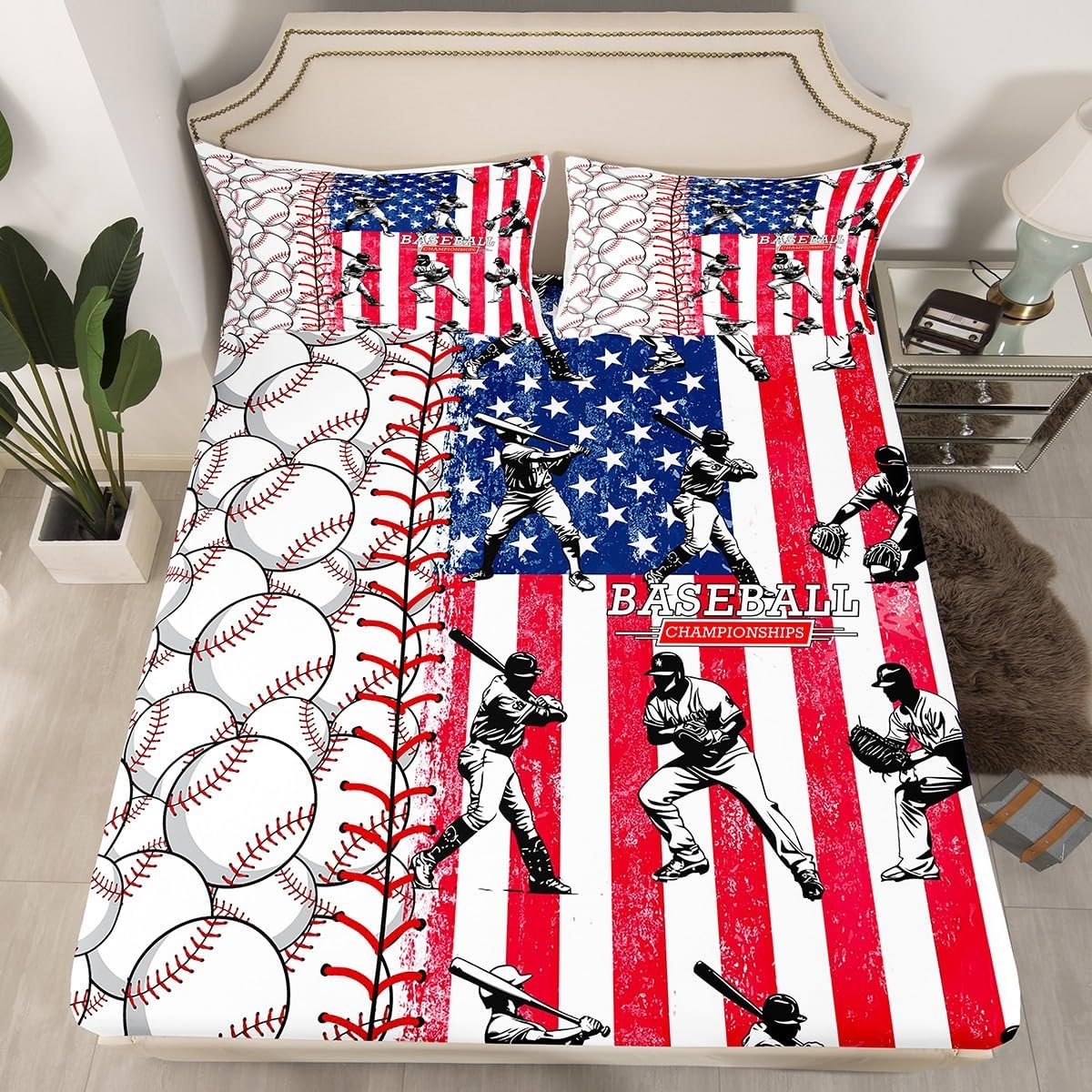 Erosebridal Baseball Bat Flag Fitted Sheet Set
