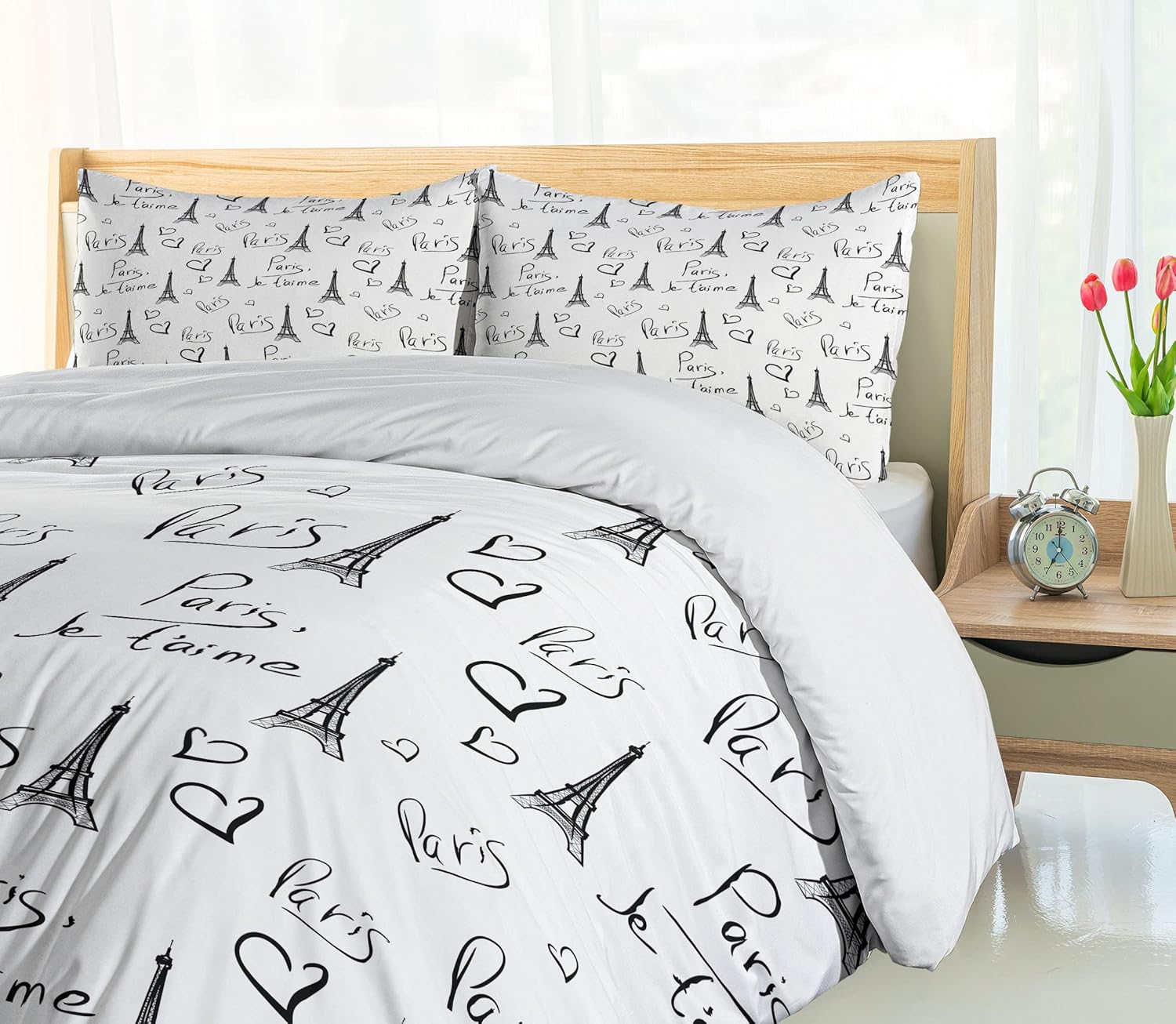 Ambesonne Paris Duvet Cover Set Twin Size Black White