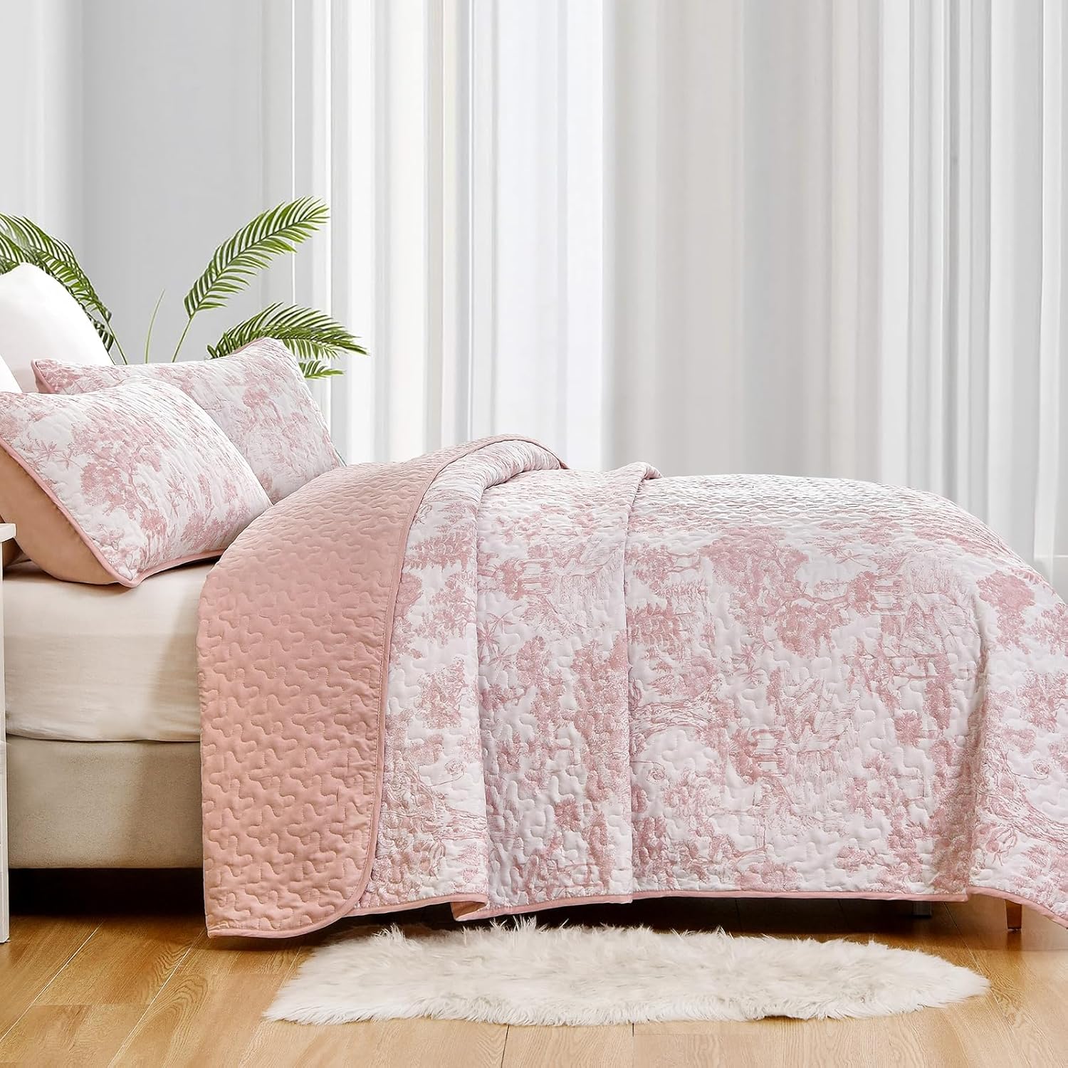 WONGS BEDDING Queen Size Quilt Set 3 Pieces Pink Floral