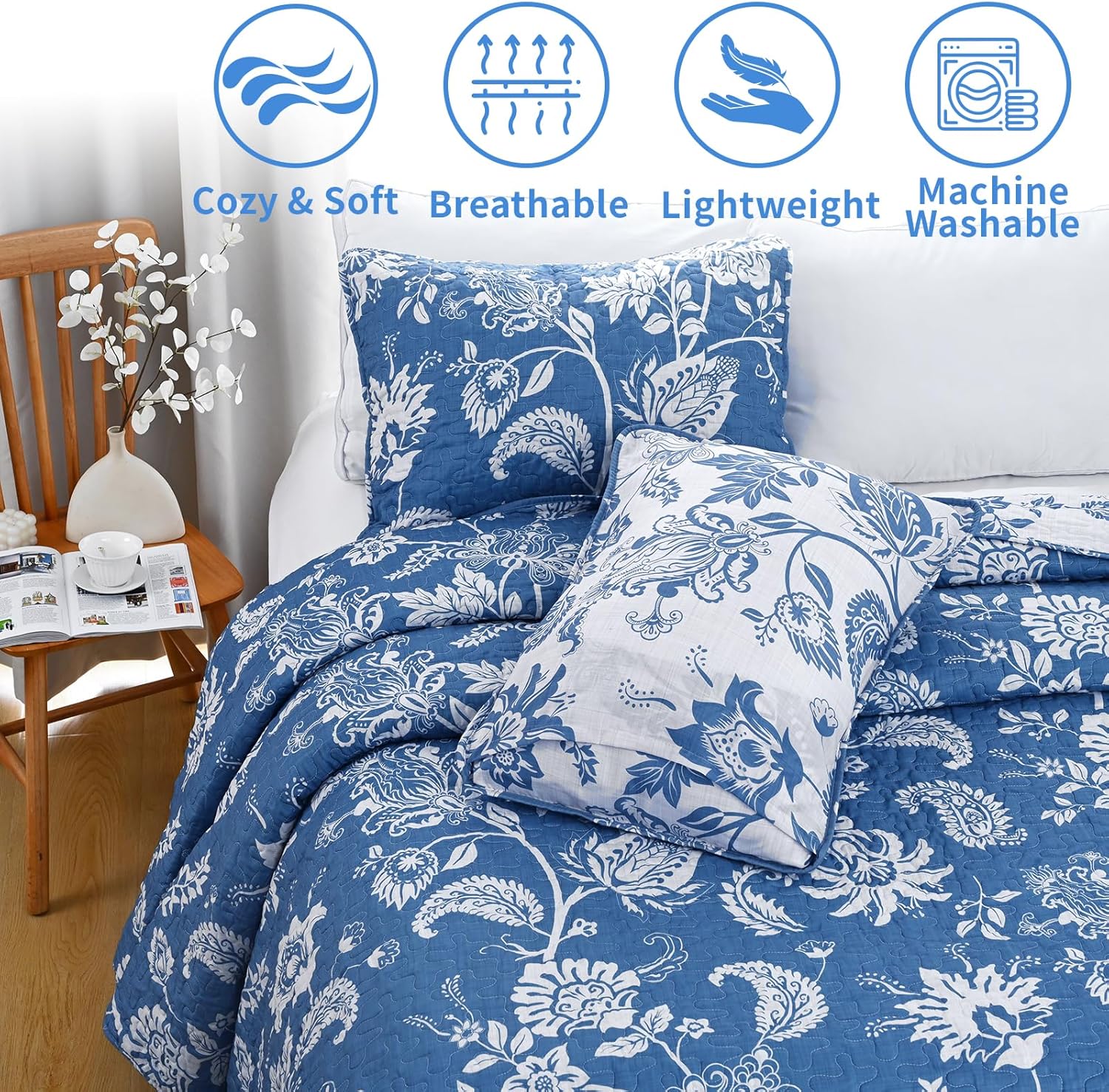 Invoibler Reversible Blue Floral Quilt Set 1