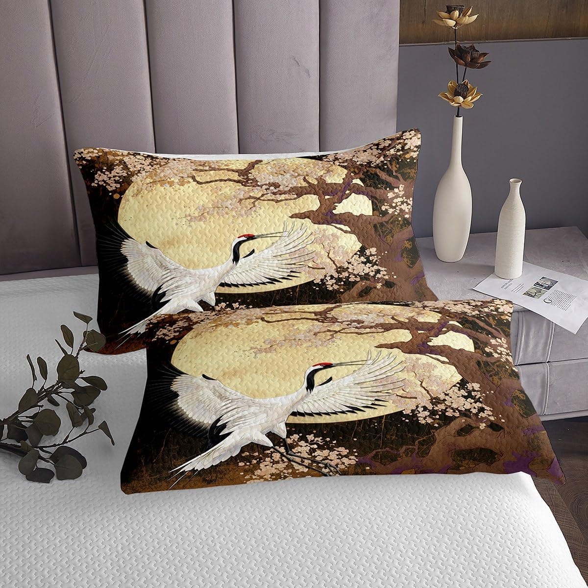 Erosebridal Red-Crowned Crane King Size Bedspread Set