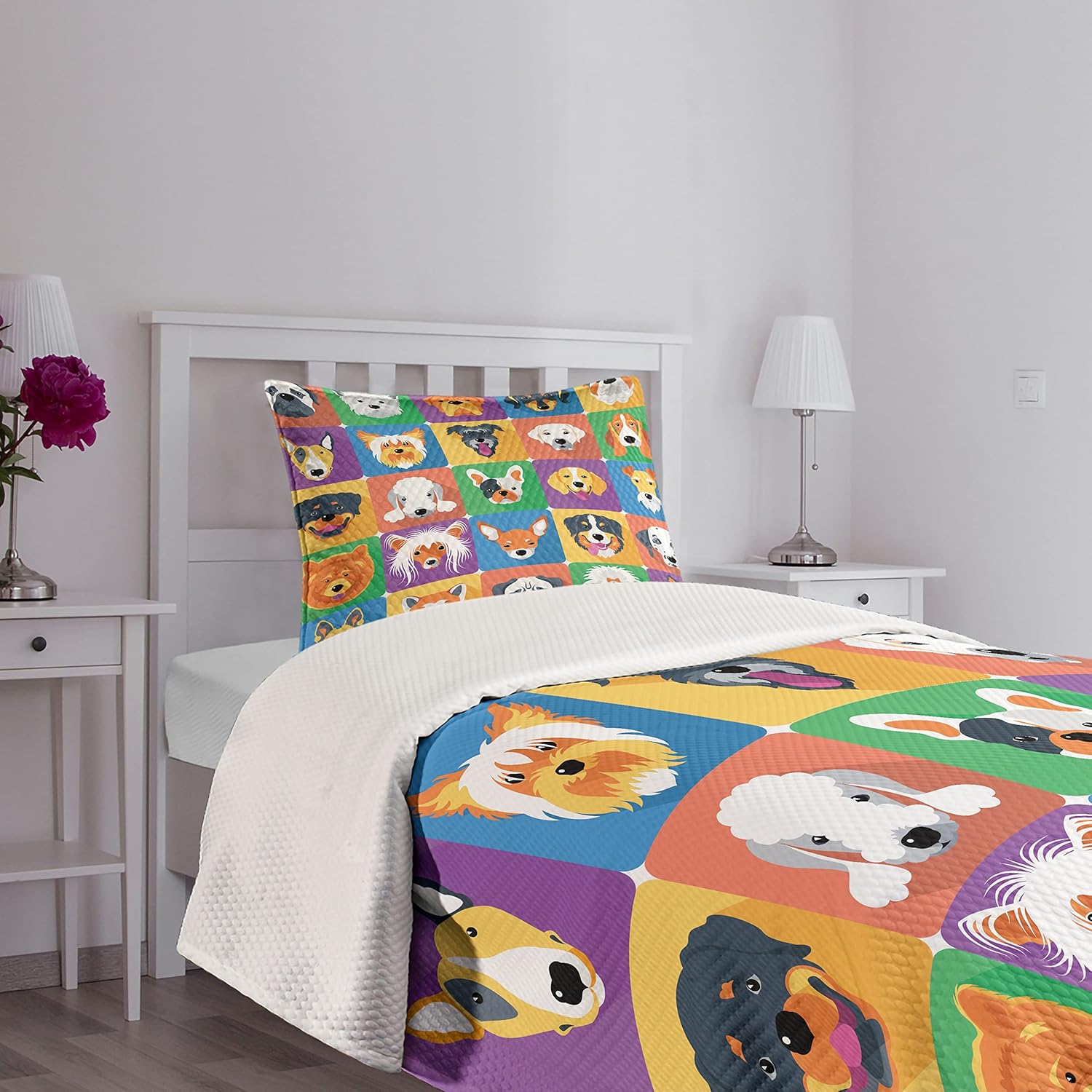 Ambesonne Dog Bedspread Set Twin Size Green Purple