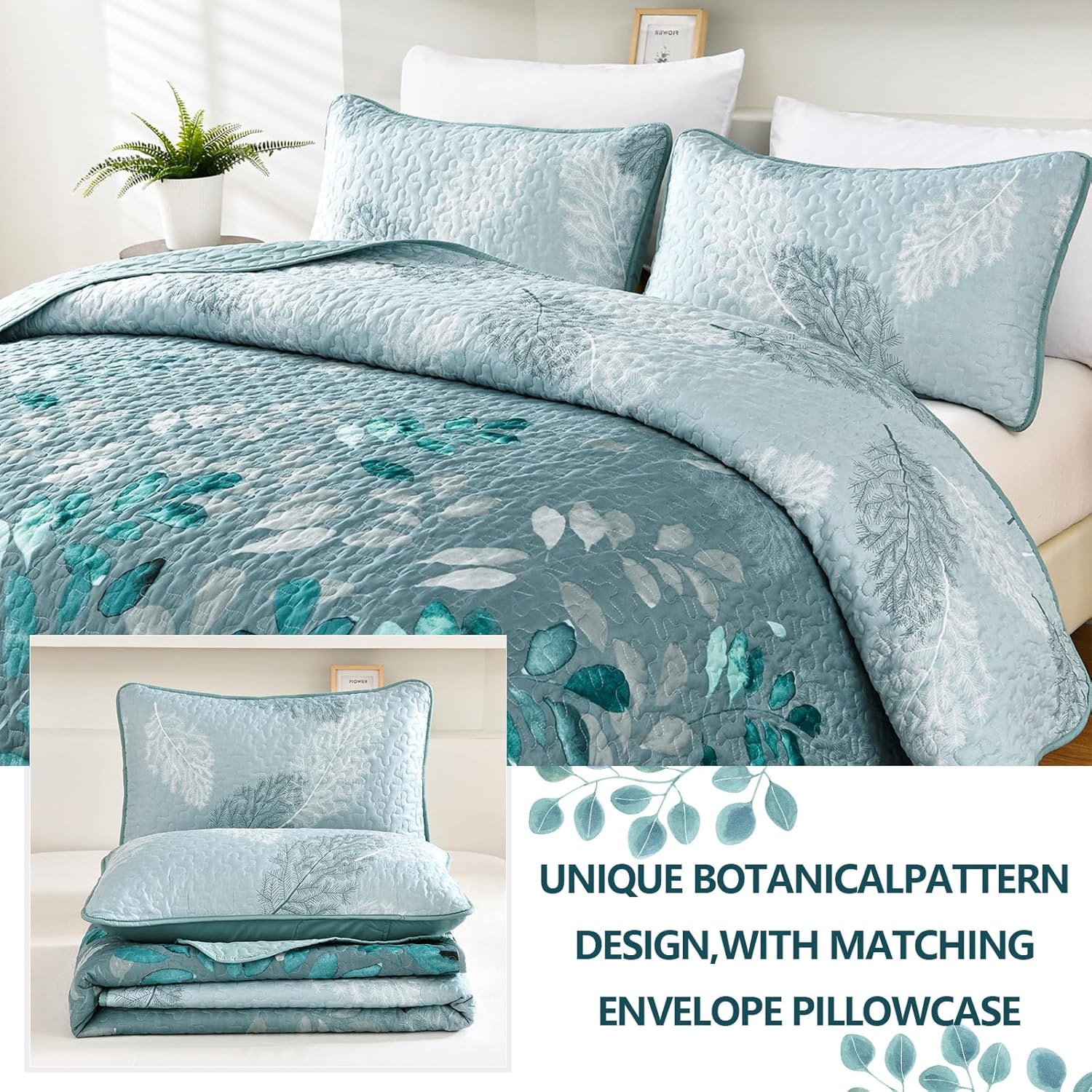 WONGS BEDDING Aqua Botanical Quilt Set Queen 3PC