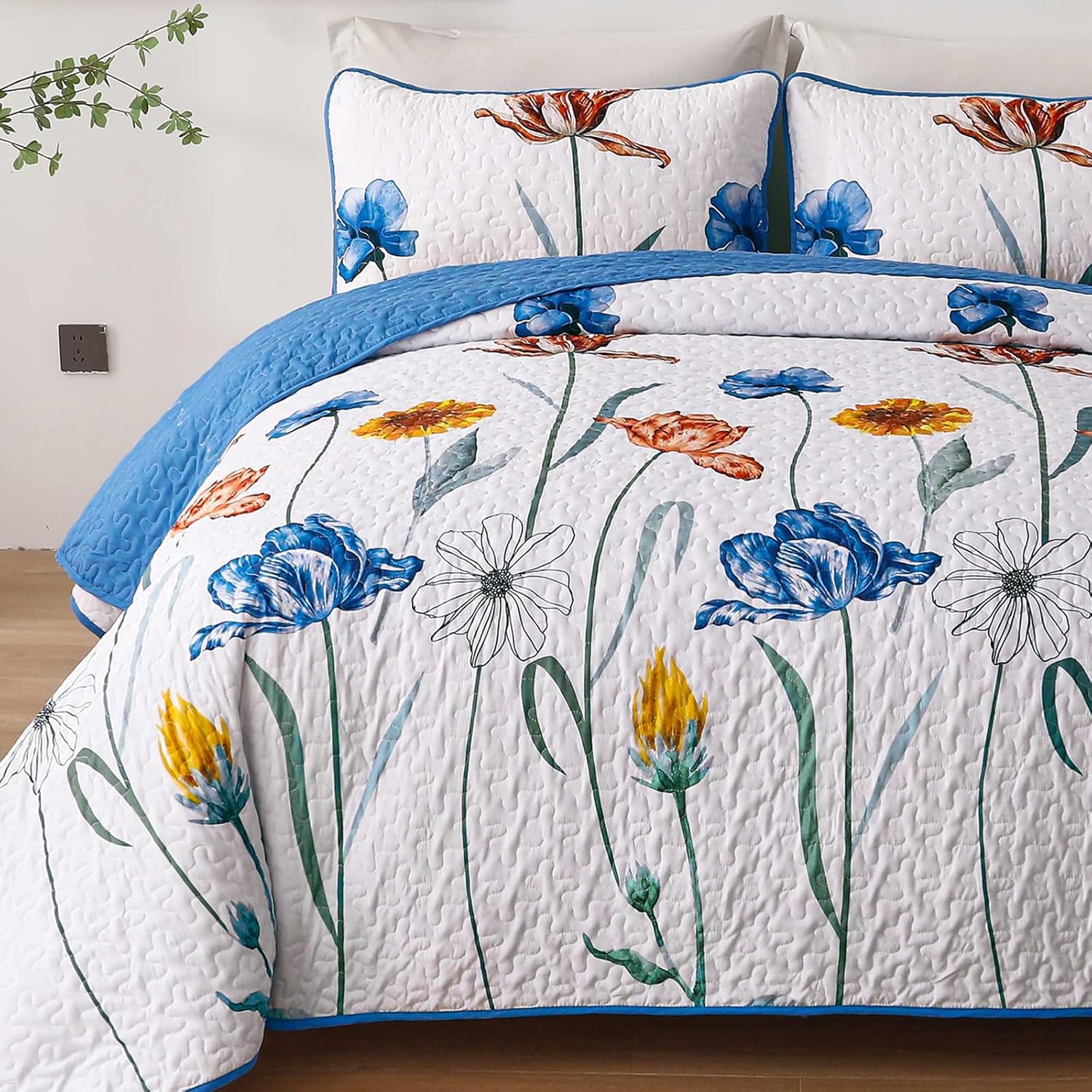 WONGS BEDDING Blue Floral Quilt Set Queen Size
