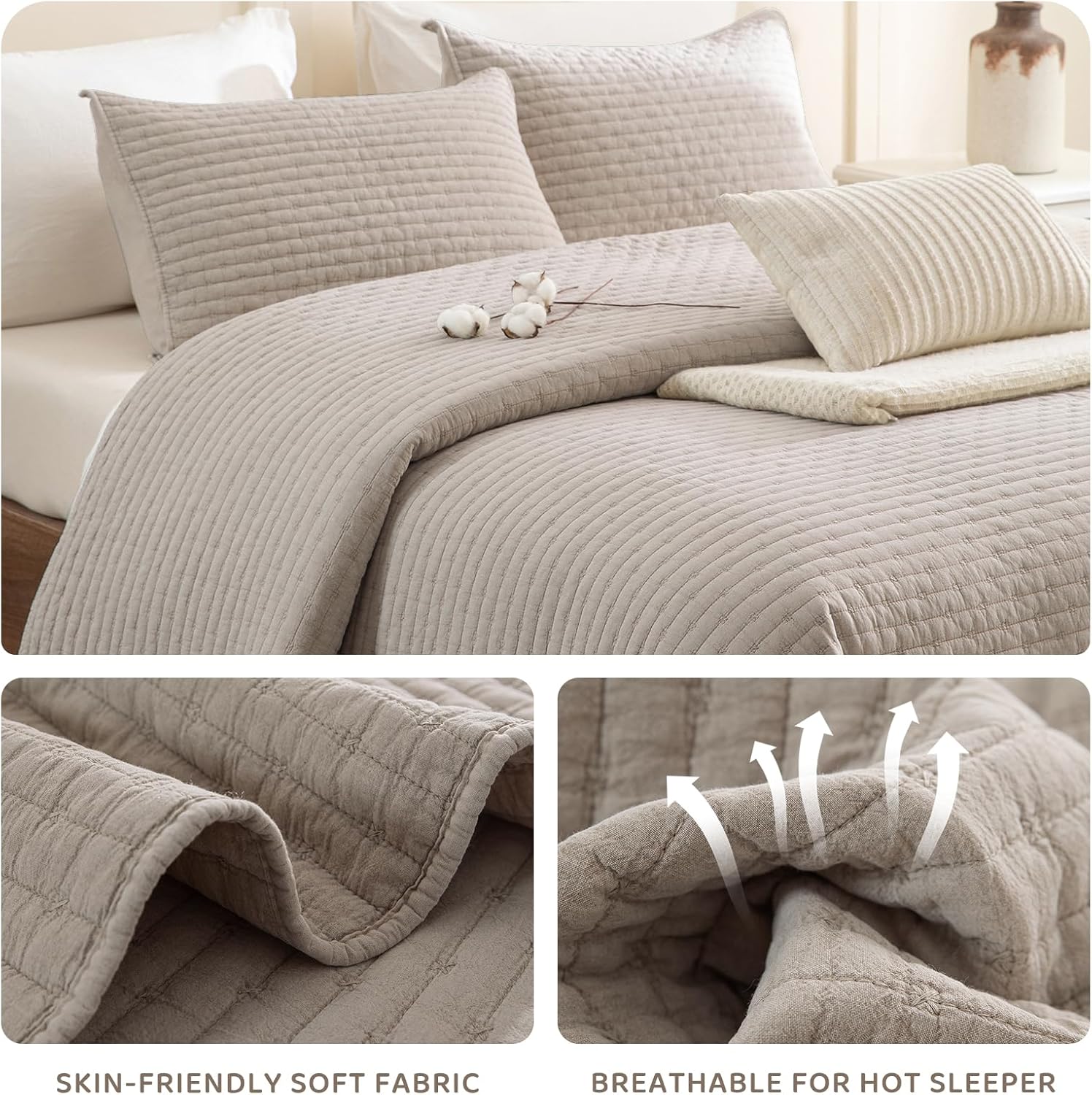 Sanracie King Size Quilt Set 3PCS Linen Crinkle