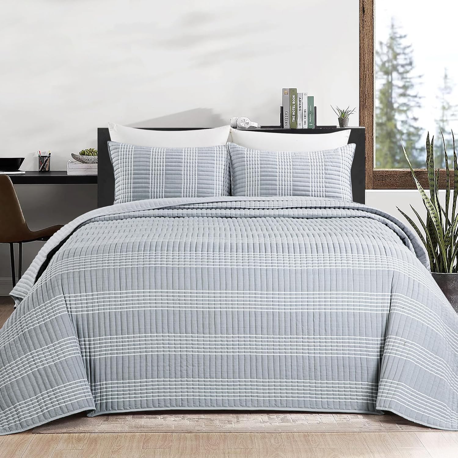 HOMBYS 132x120 Seersucker Patchwork Quilt Set Grey
