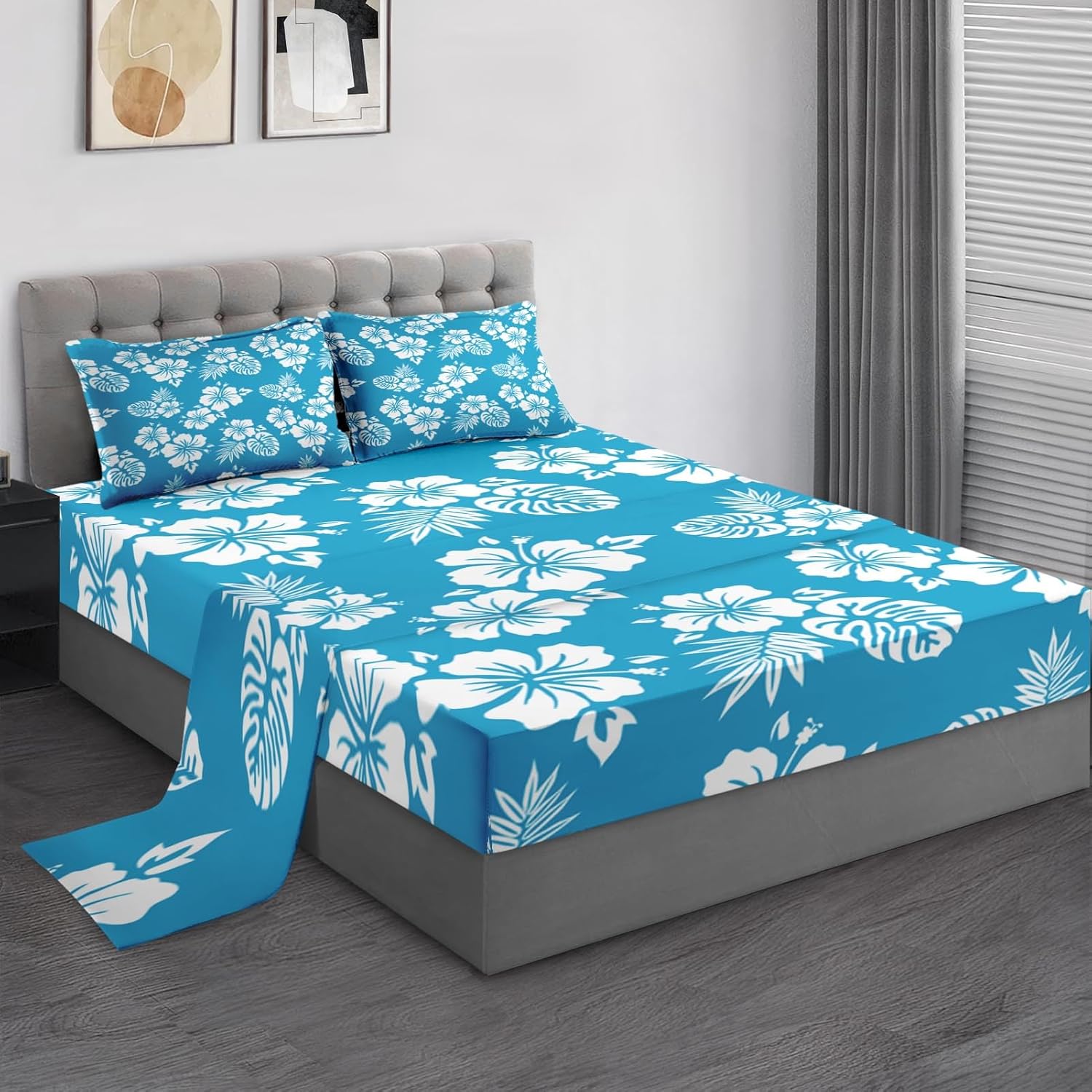 Pamnest King Size Microfiber Sheet Set with Hibiscus Pattern
