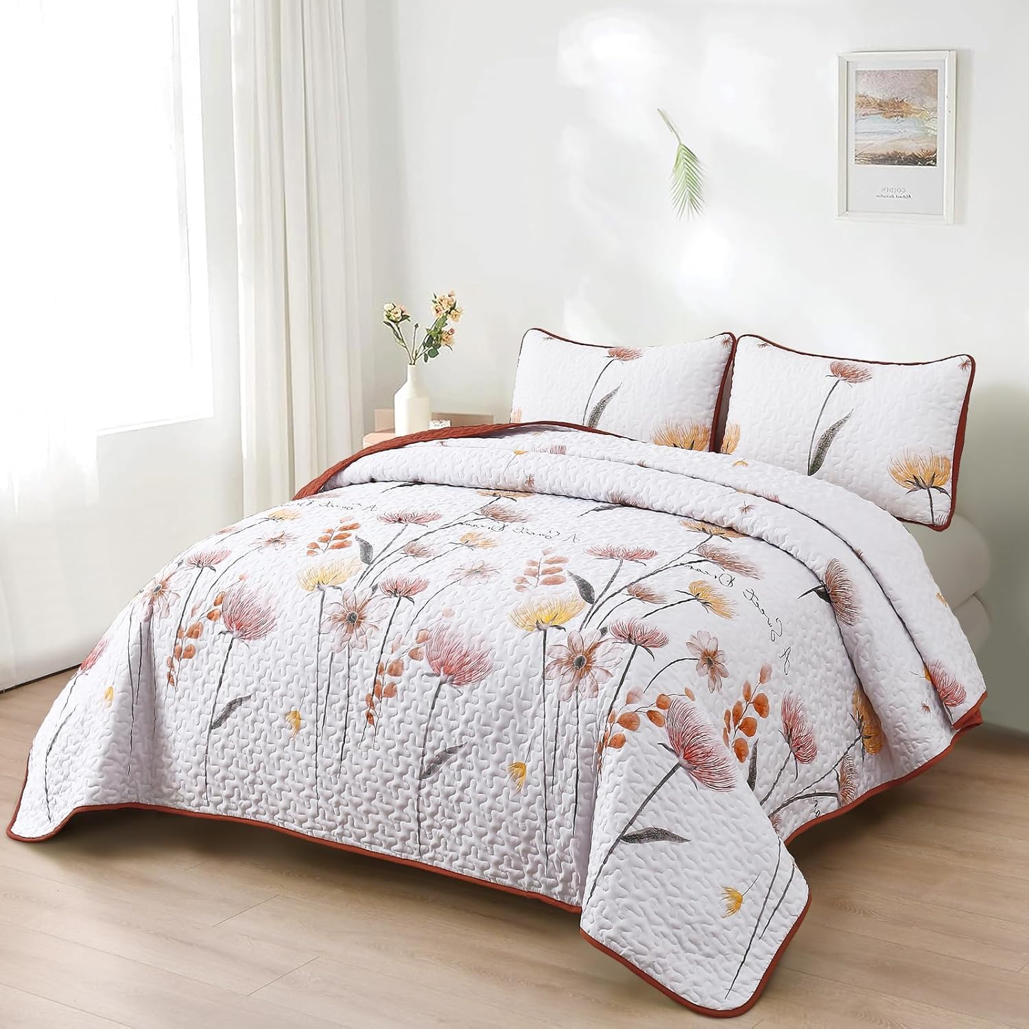 Dinjoy Floral King Quilt Set 3 Pieces Burnt Orange Yellow