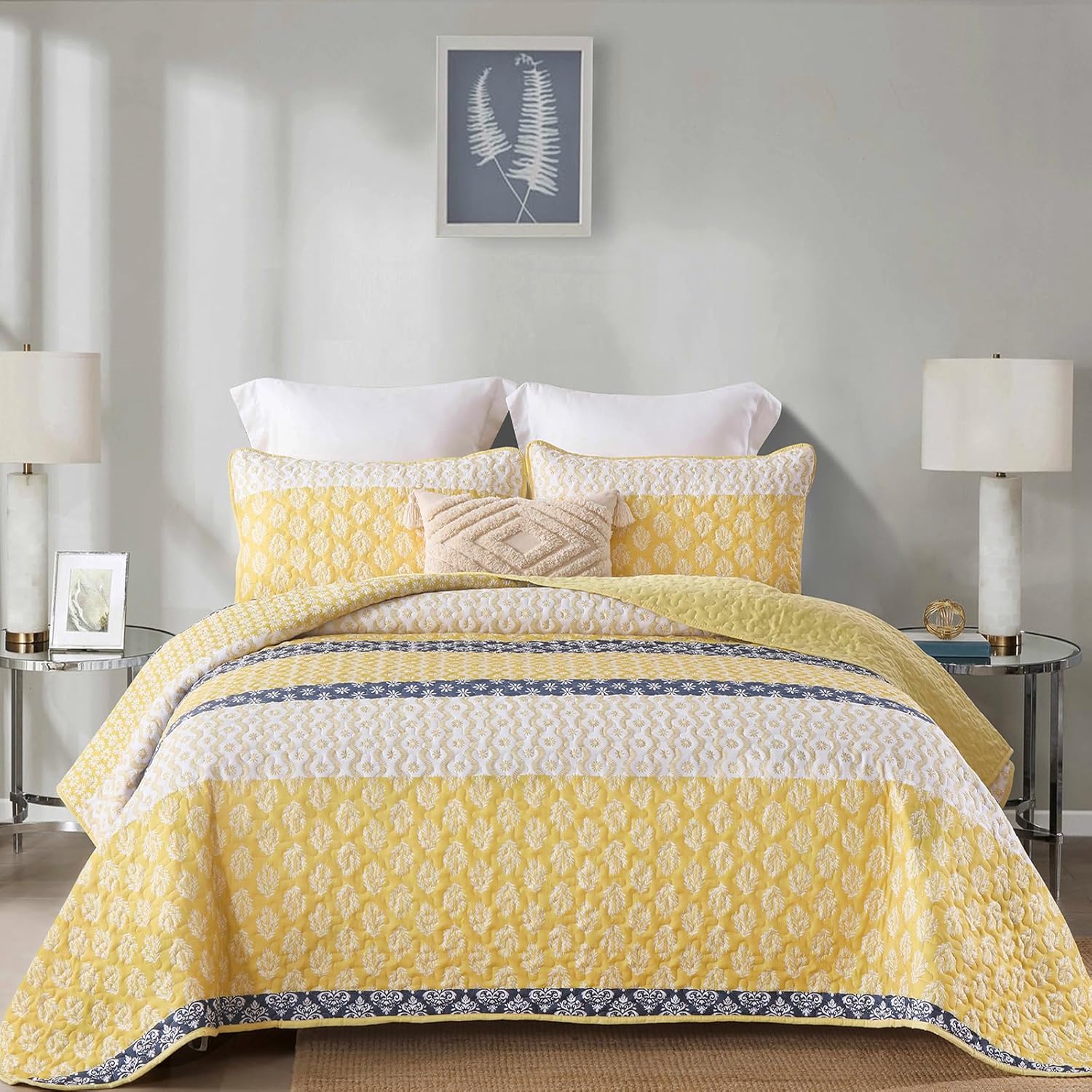 Cottolester Boho Quilt Set Queen Size Yellow Striped