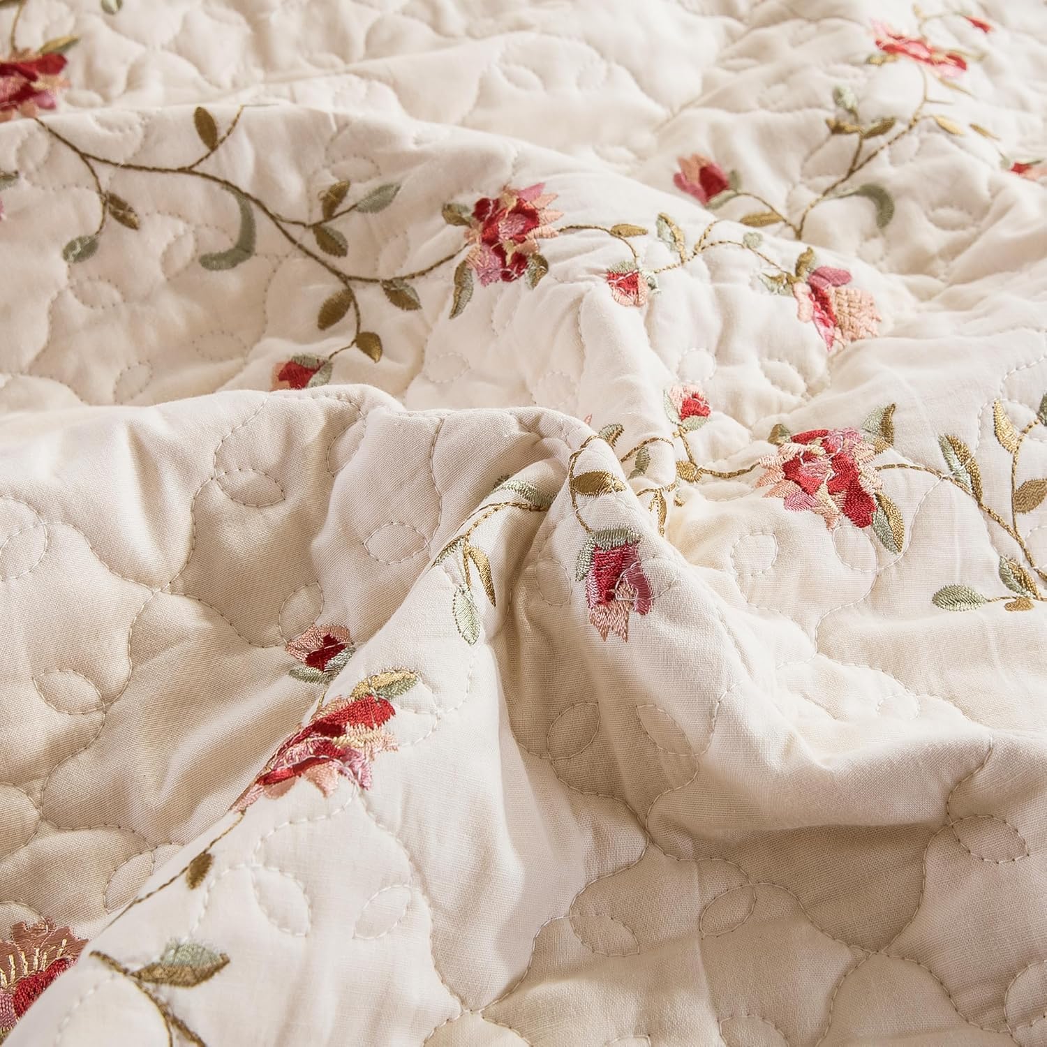 EAVD Floral Embroidered Quilt Set King Size Beige 3 Pieces