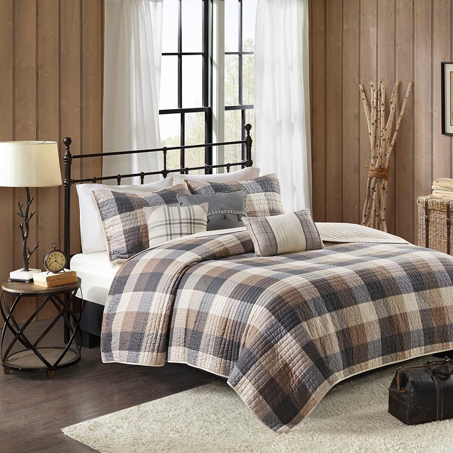 Madison Park Reversible Quilt Set - 6 Piece Neutral Plaid Cabin Style