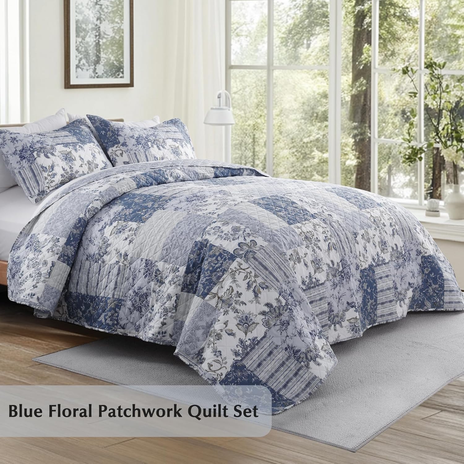 GOONE Blue Floral Quilt Set King Size Reversible Fade Resistant