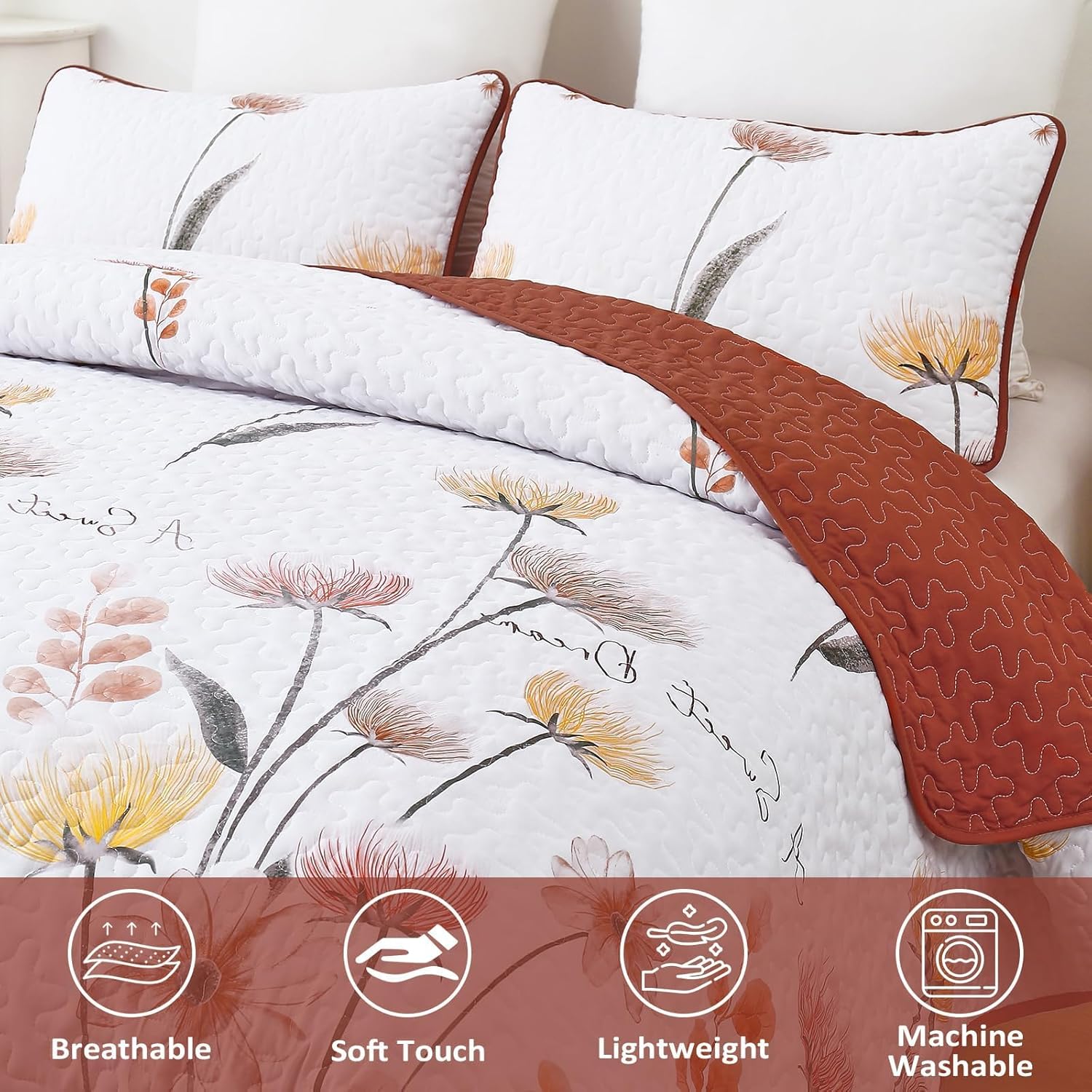 Dinjoy Floral King Quilt Set 3 Pieces Burnt Orange Yellow