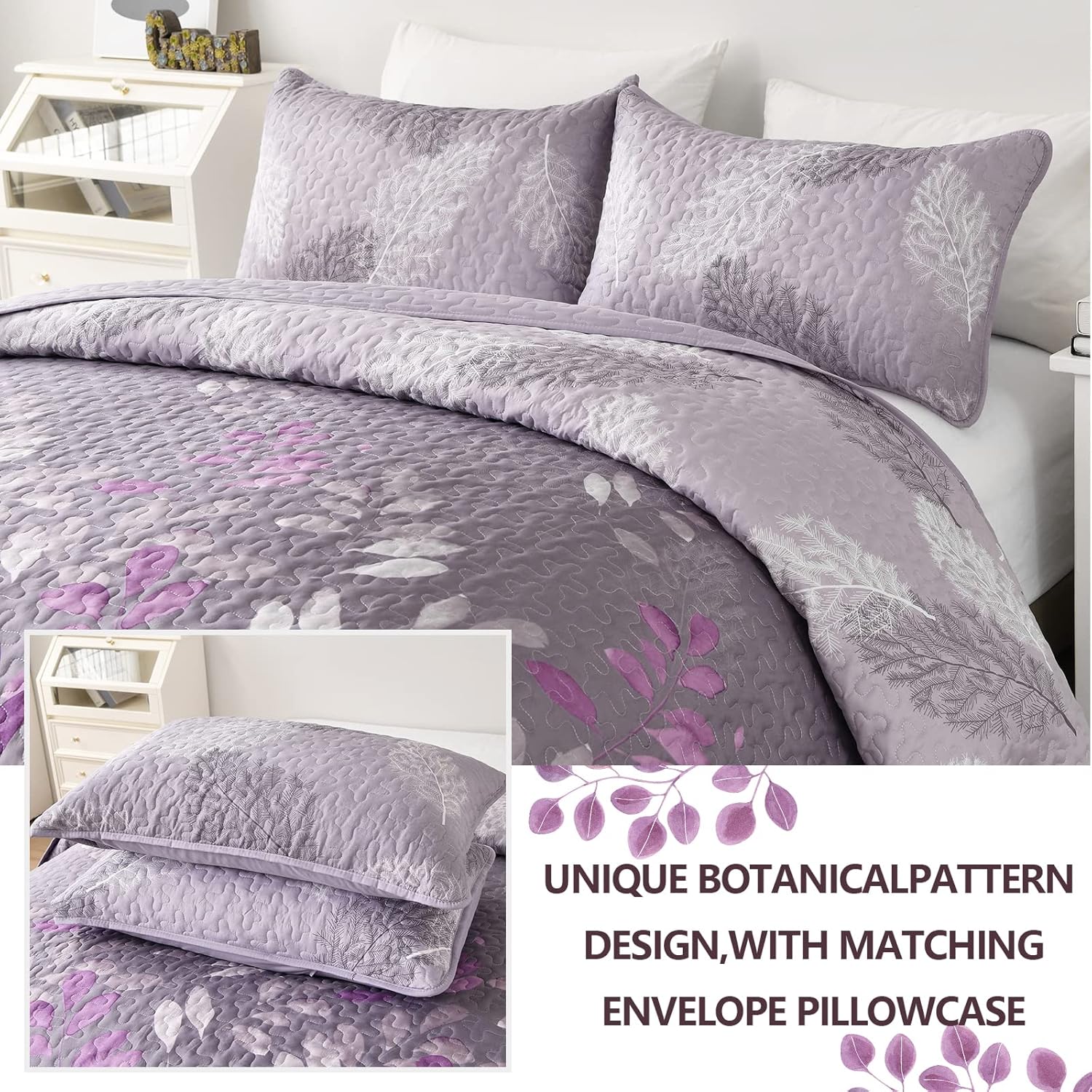 WONGS BEDDING Purple Floral Quilt Set King Size 3 Piece