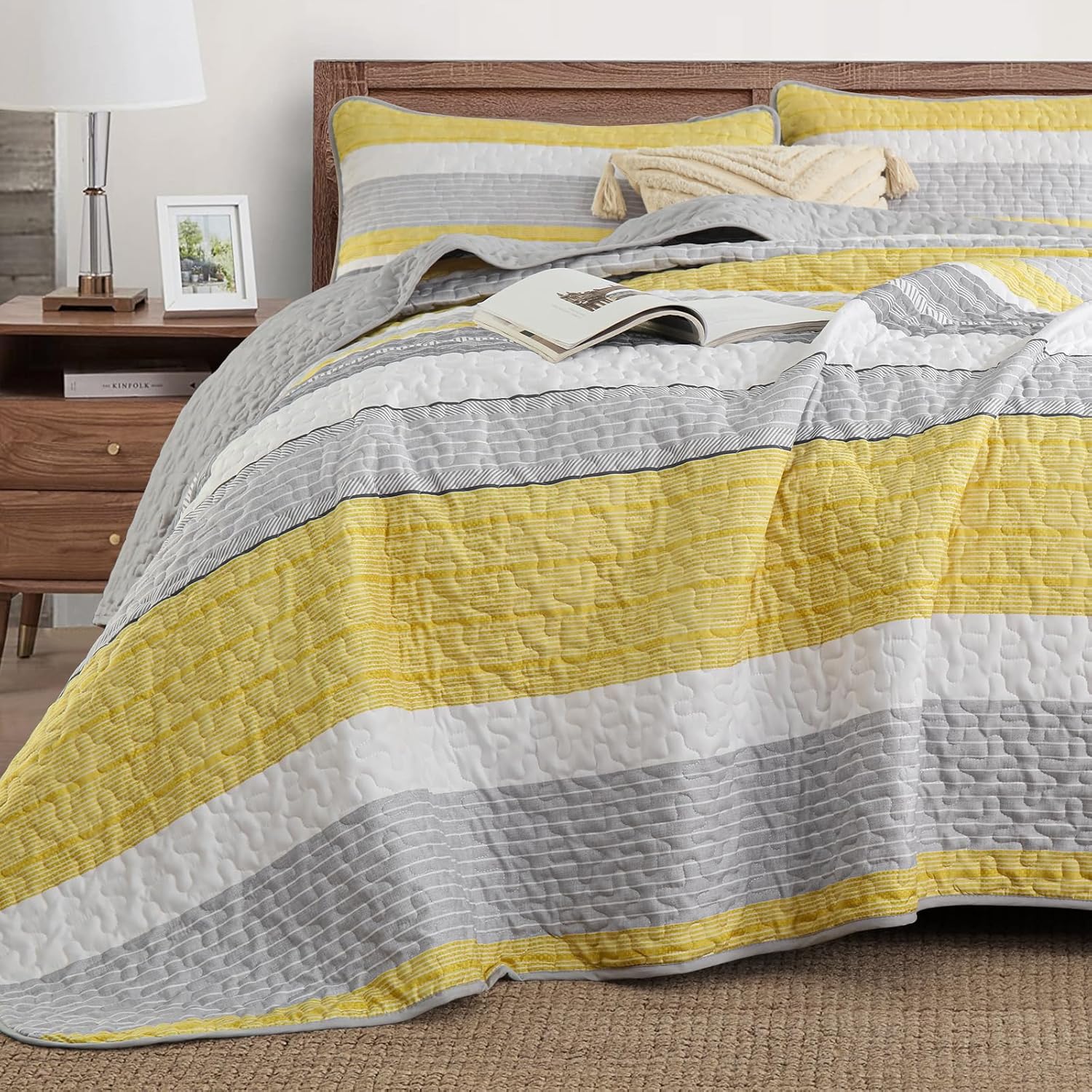 Djoymock Quilt Set Queen Size 3 Piece Fall Striped Bedding Set