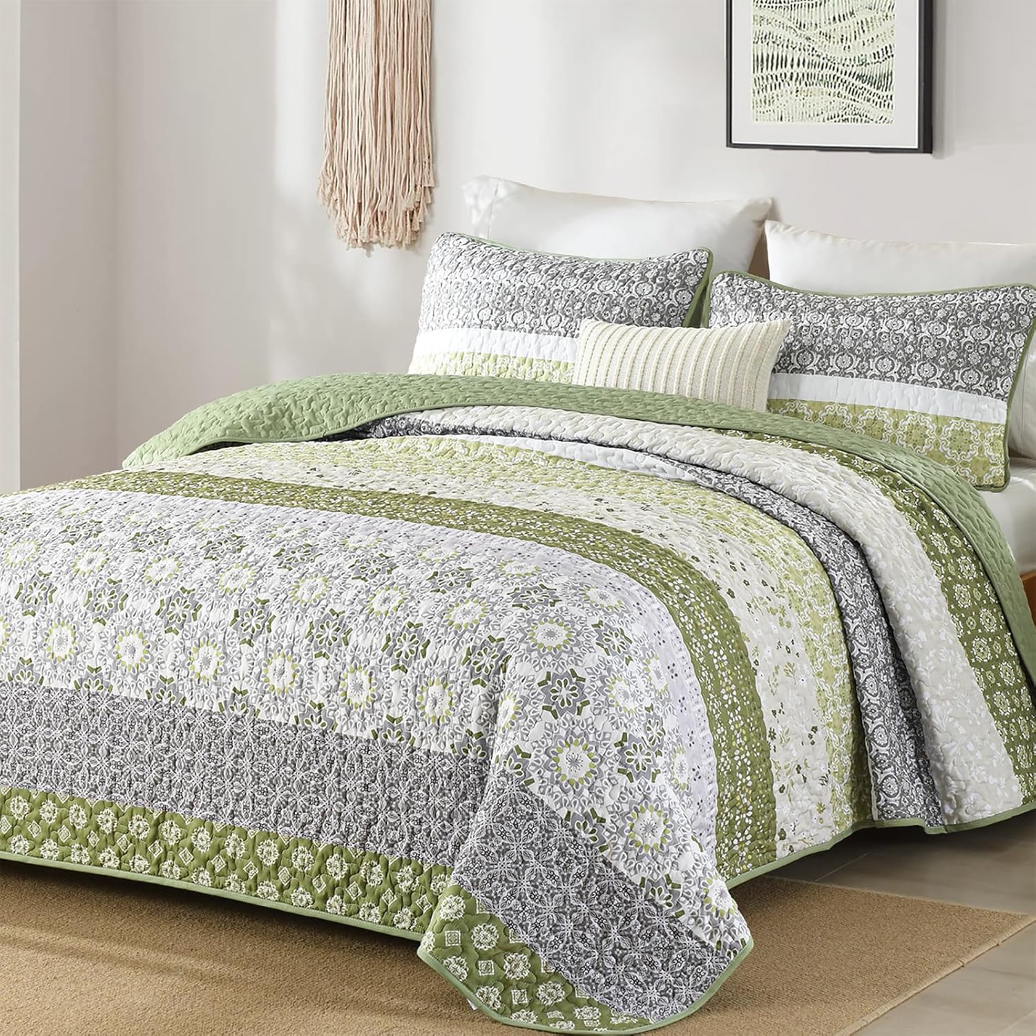 WONGS BEDDING Boho Quilt Set Queen Size Olive Green