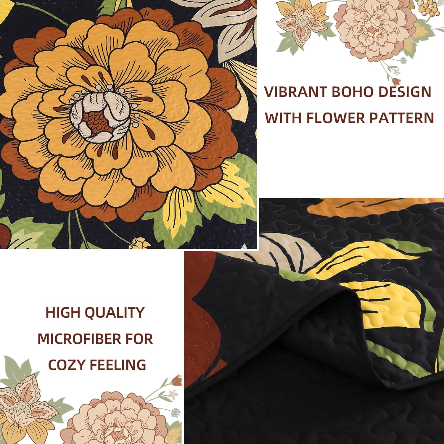DJY Floral Quilt Set - Boho Cal King 3 Piece Bedding
