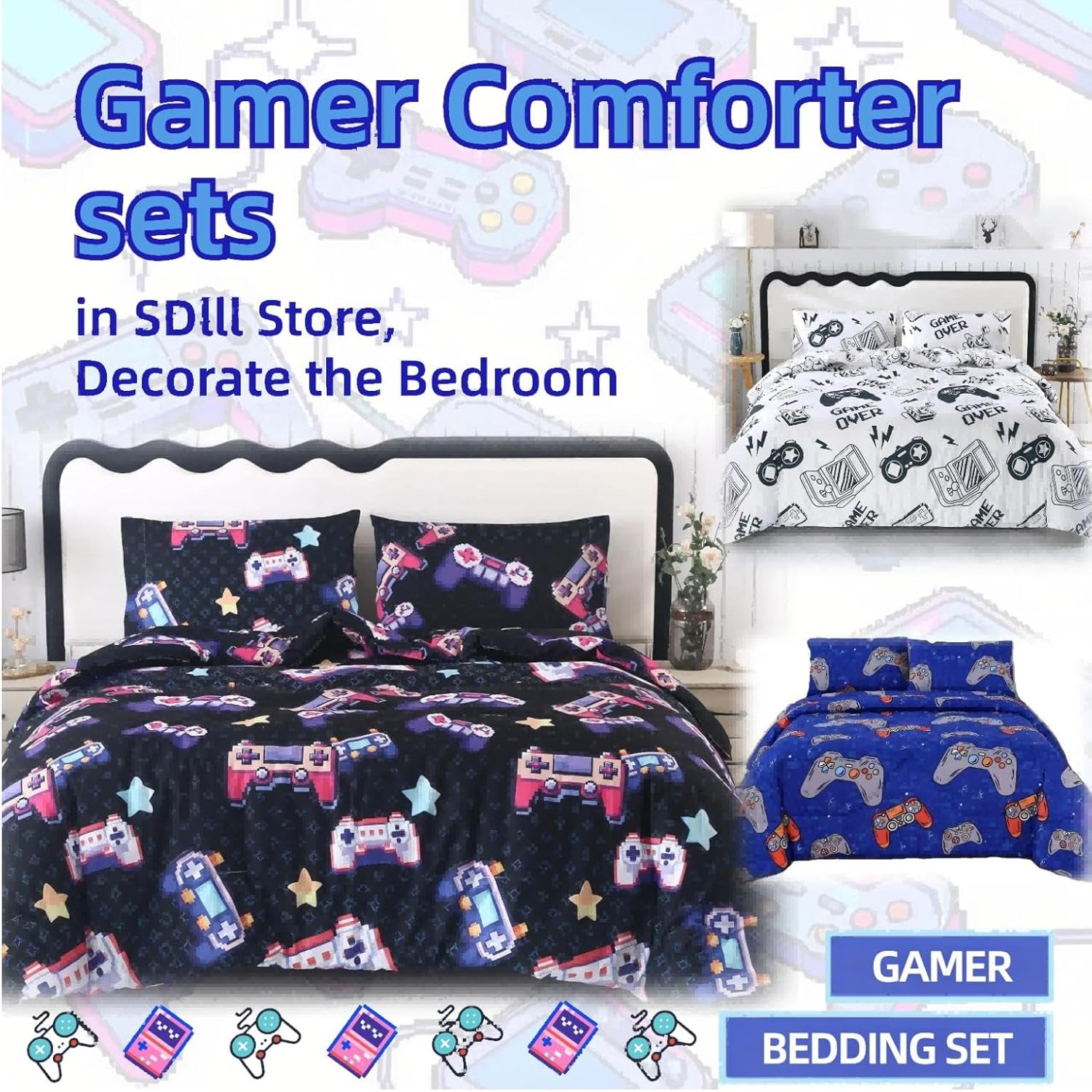 SDIII 3PCS White Gaming Comforter Set Queen