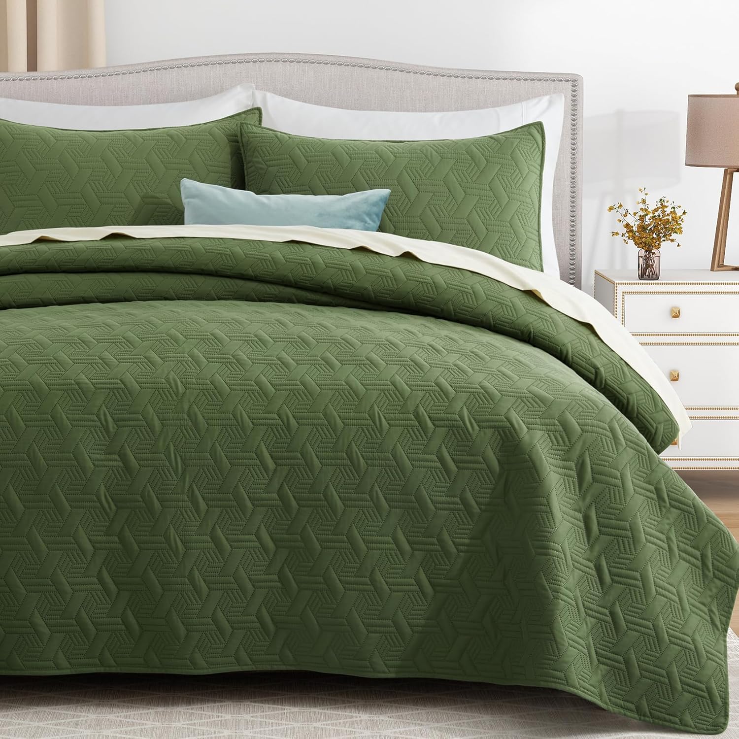 Lavsiry Olive Green Quilt Set King Size