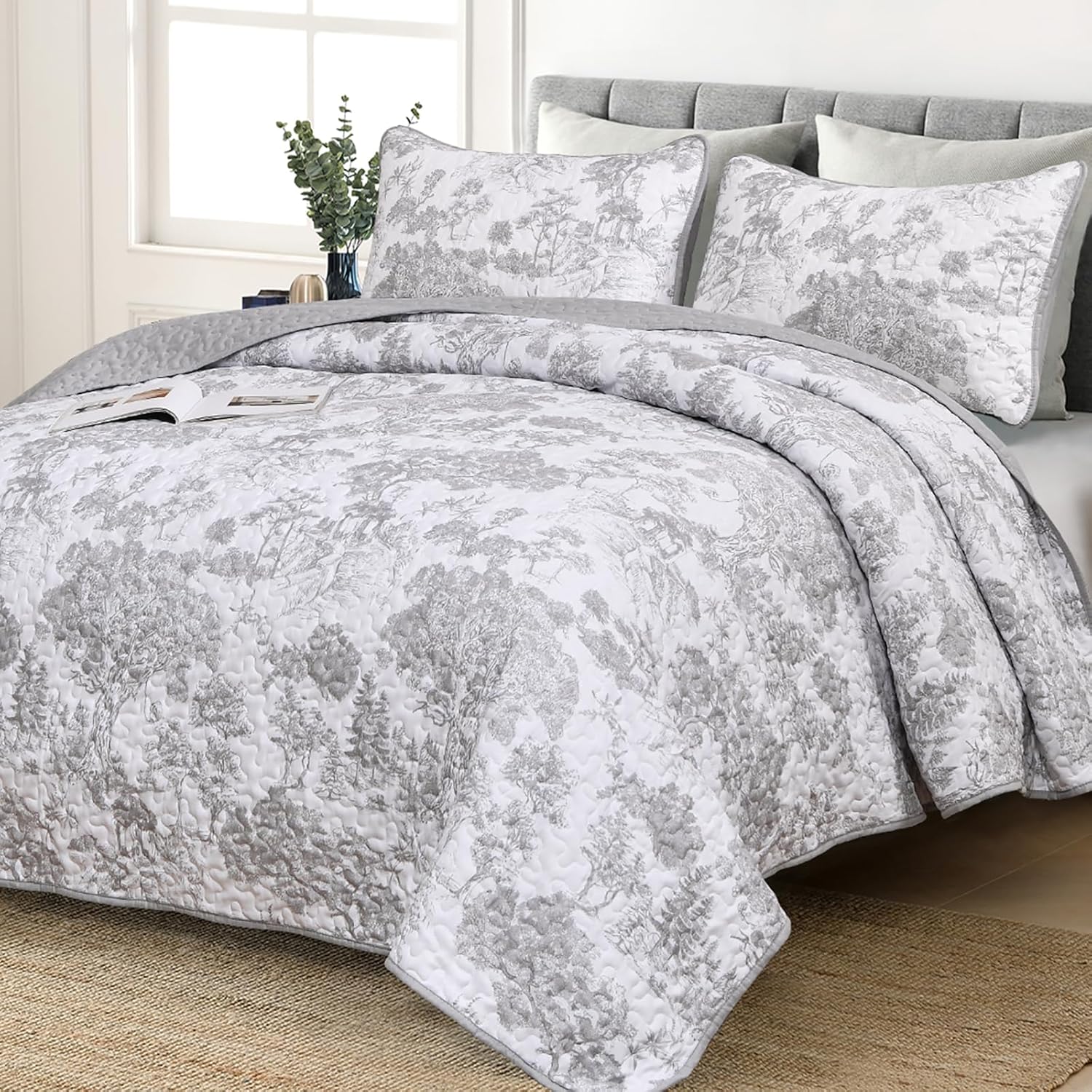 WONGS BEDDING Grey Quilt Set Queen 3 Piece Reversible