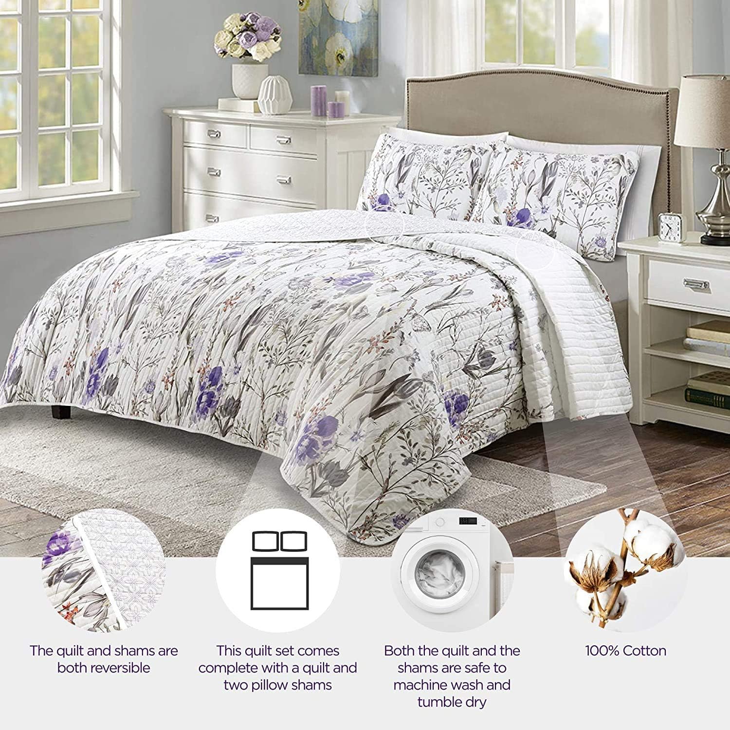 Lush Decor Adalia 3-Piece PurpleGray Quilt Set King