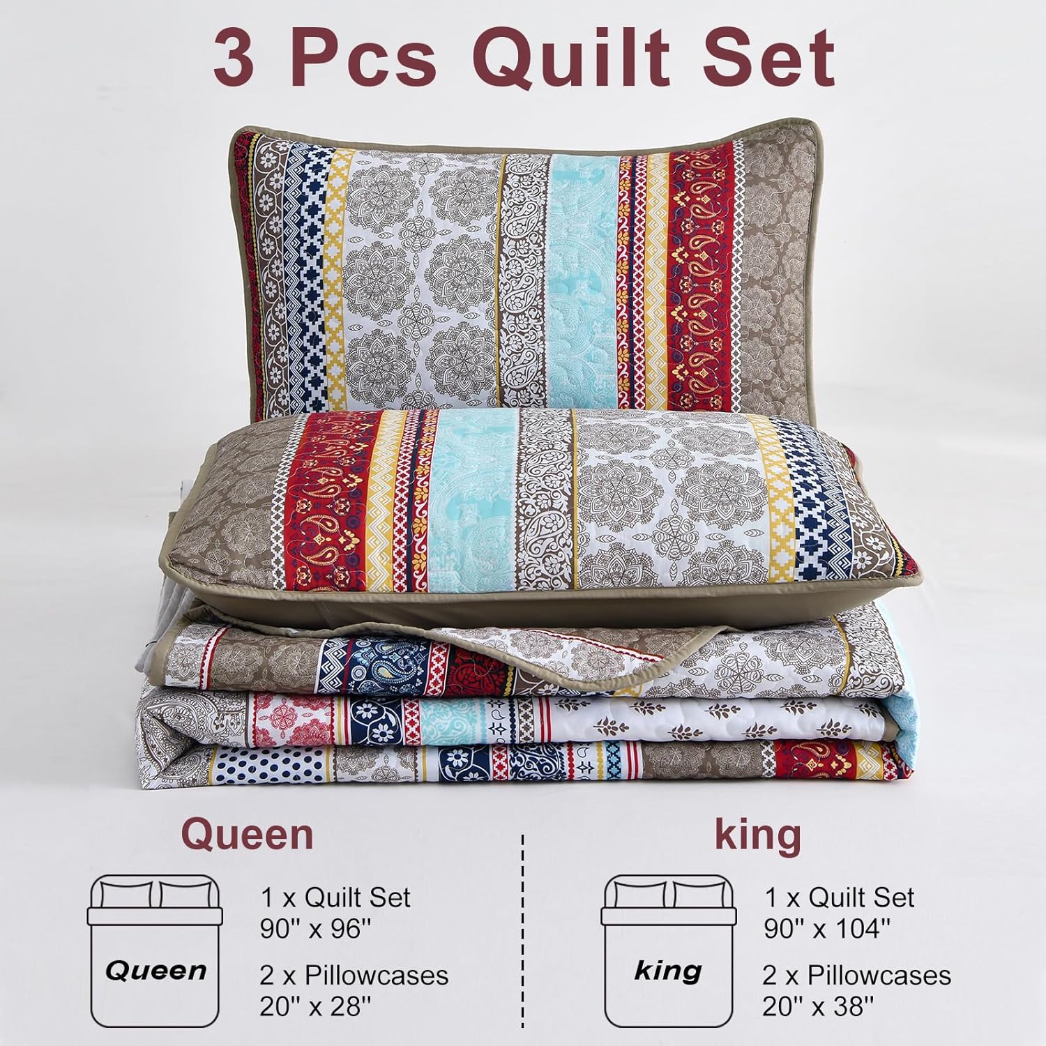 WONGS BEDDING Boho Queen Quilt Set 3 Piece