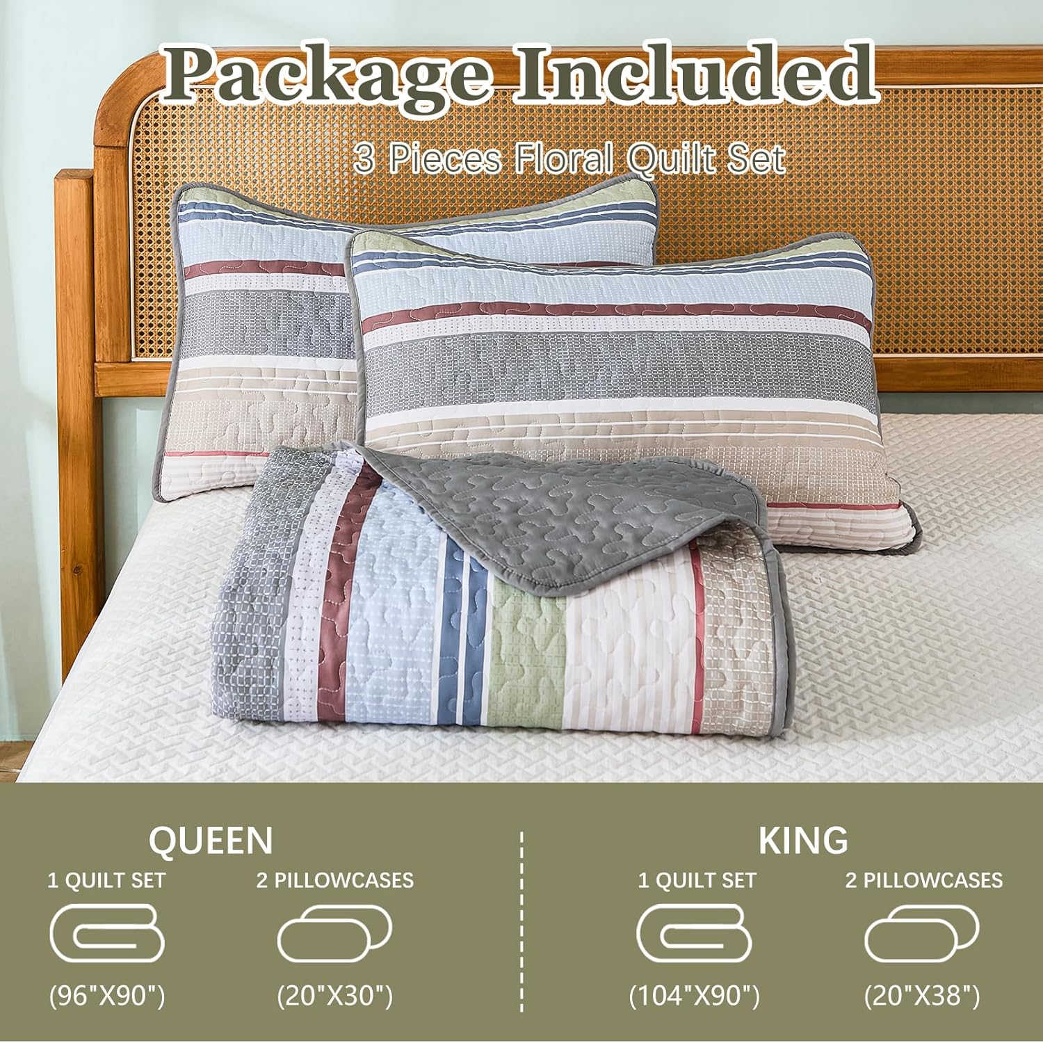 Dintszyayue King Size Quilt Set Sage Grey 3 Pieces 1