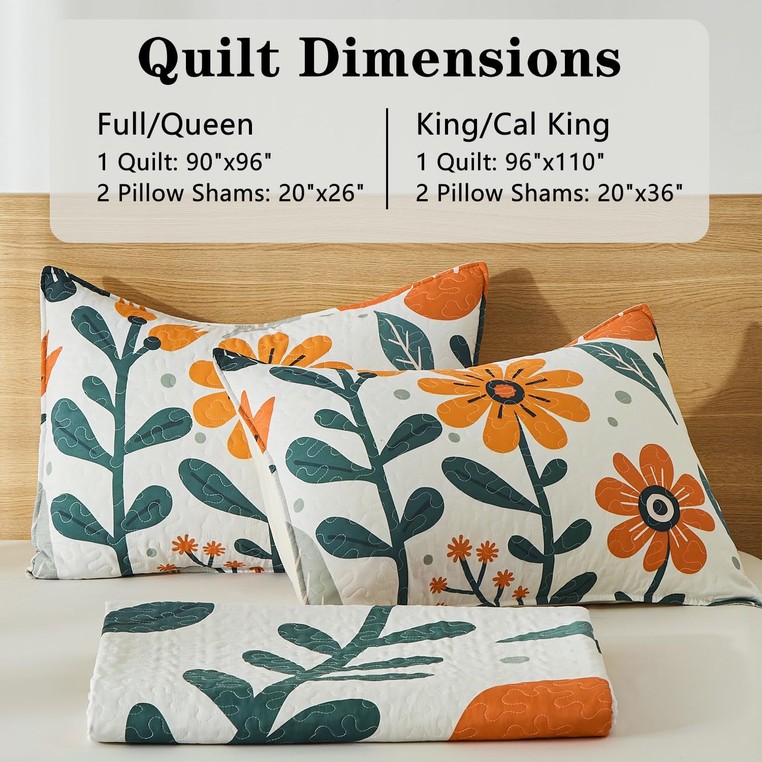 Yogeneg Queen Quilt Bedding Set 3 Piece White Orange Botanical Pattern