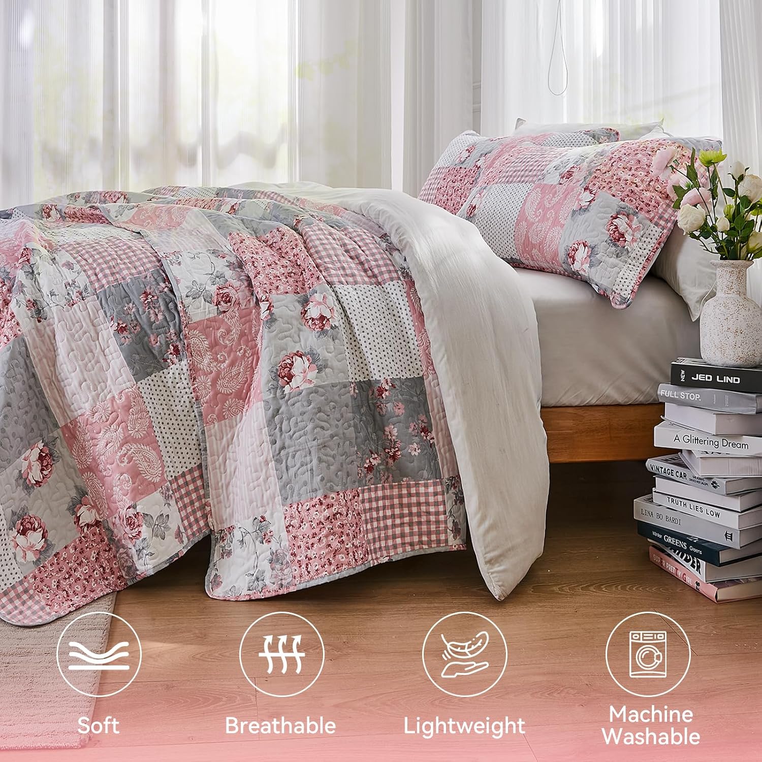 KINBEDY Oversized King Quilt Set 3 Piece Floral Patchwork