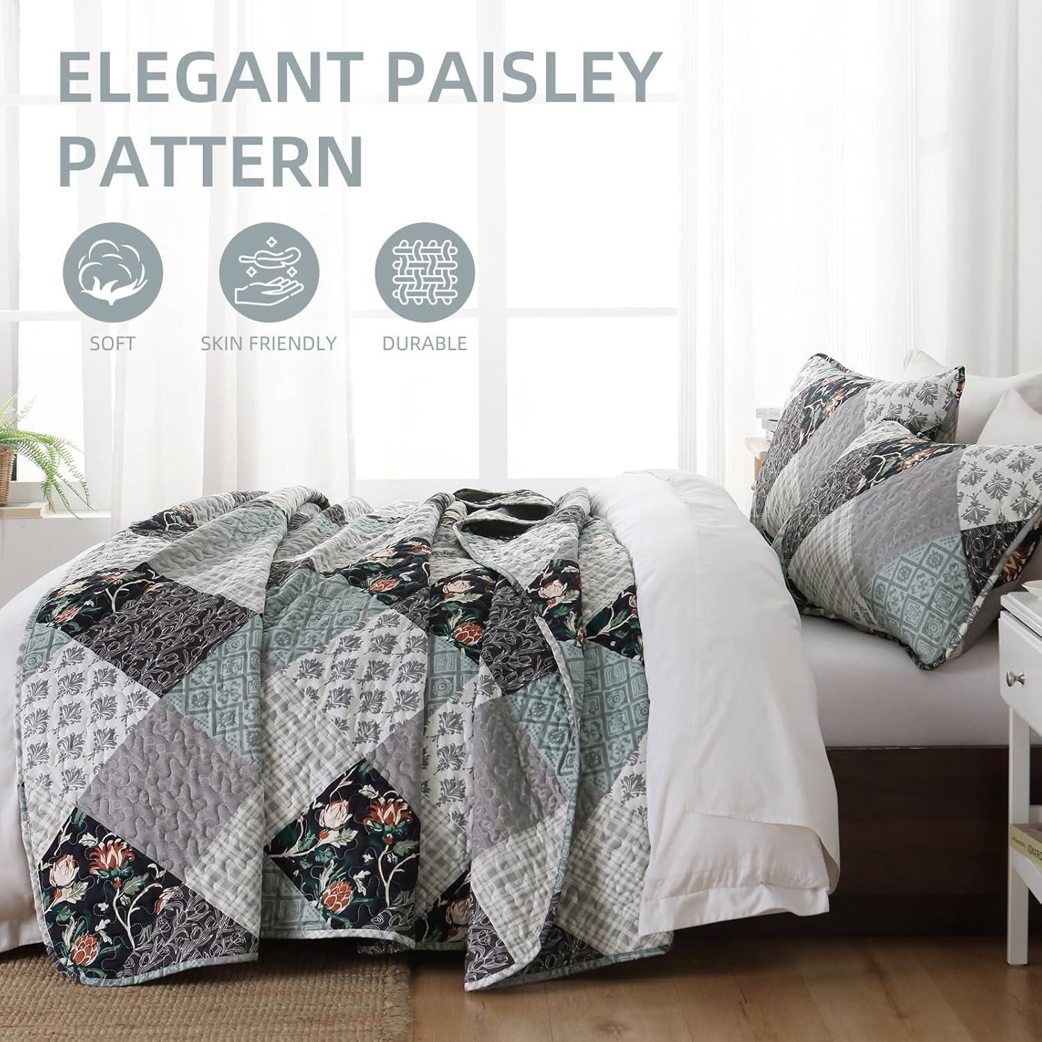 Xruibed Plaid Patchwork Quilt Set Queen 3 Pieces