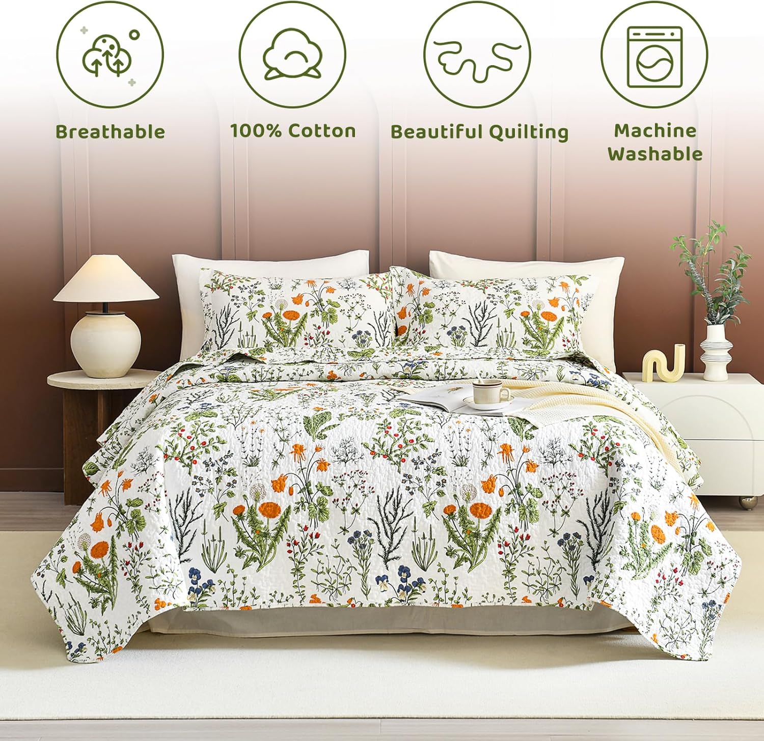 Sanracie Cotton Floral King Quilt Set Yello