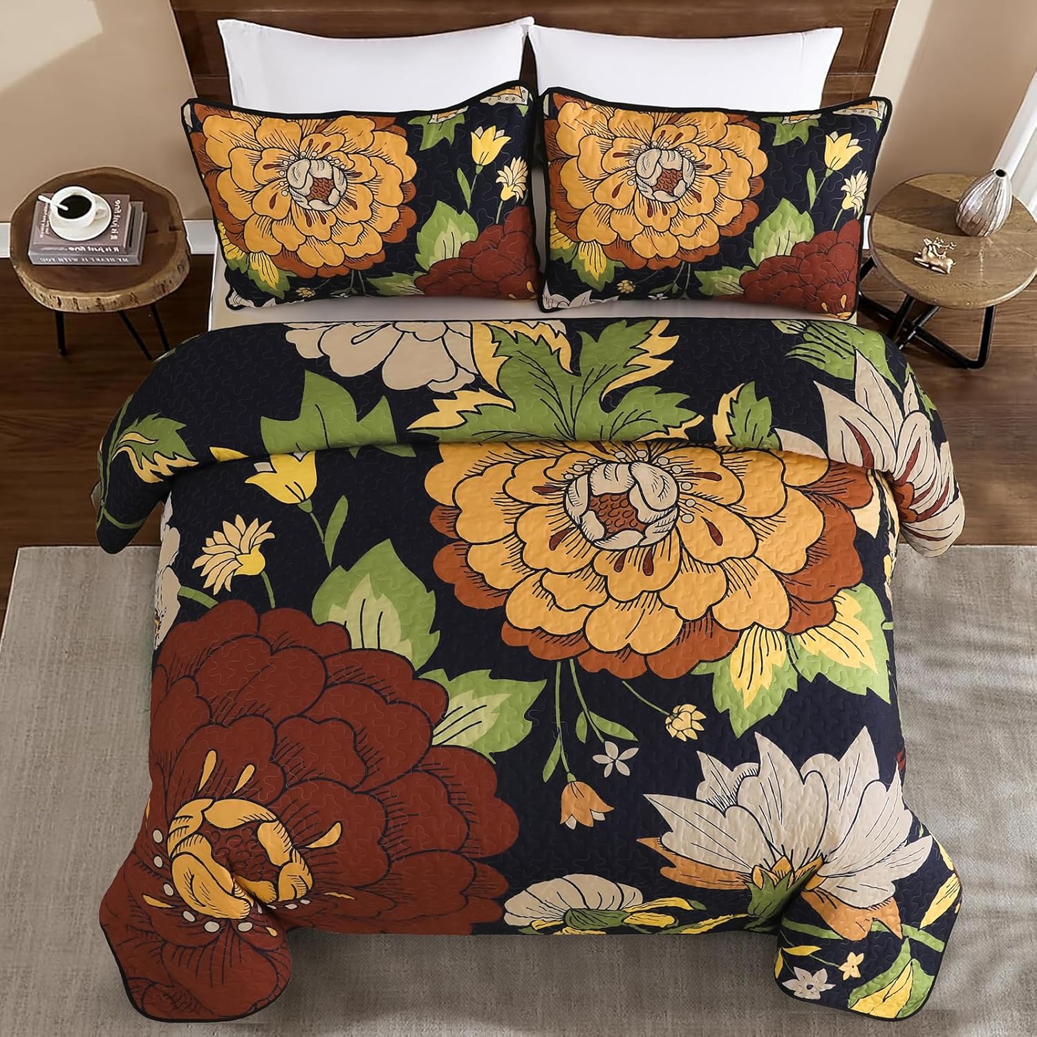 DJY Floral Quilt Set - Boho Cal King 3 Piece Bedding