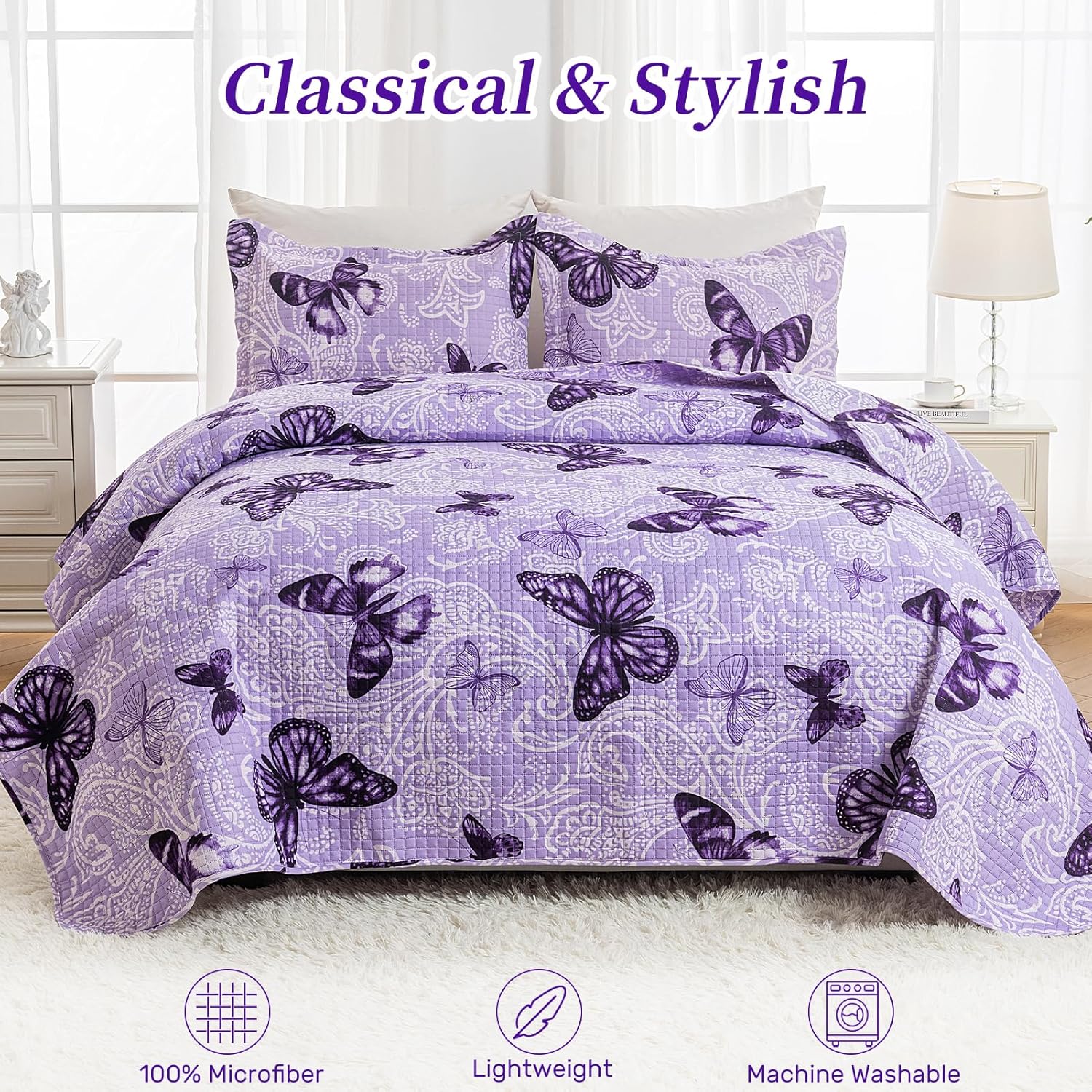 ARTALL Quilt Set 3-Piece Full Queen Size Paisley Butterfly Purple