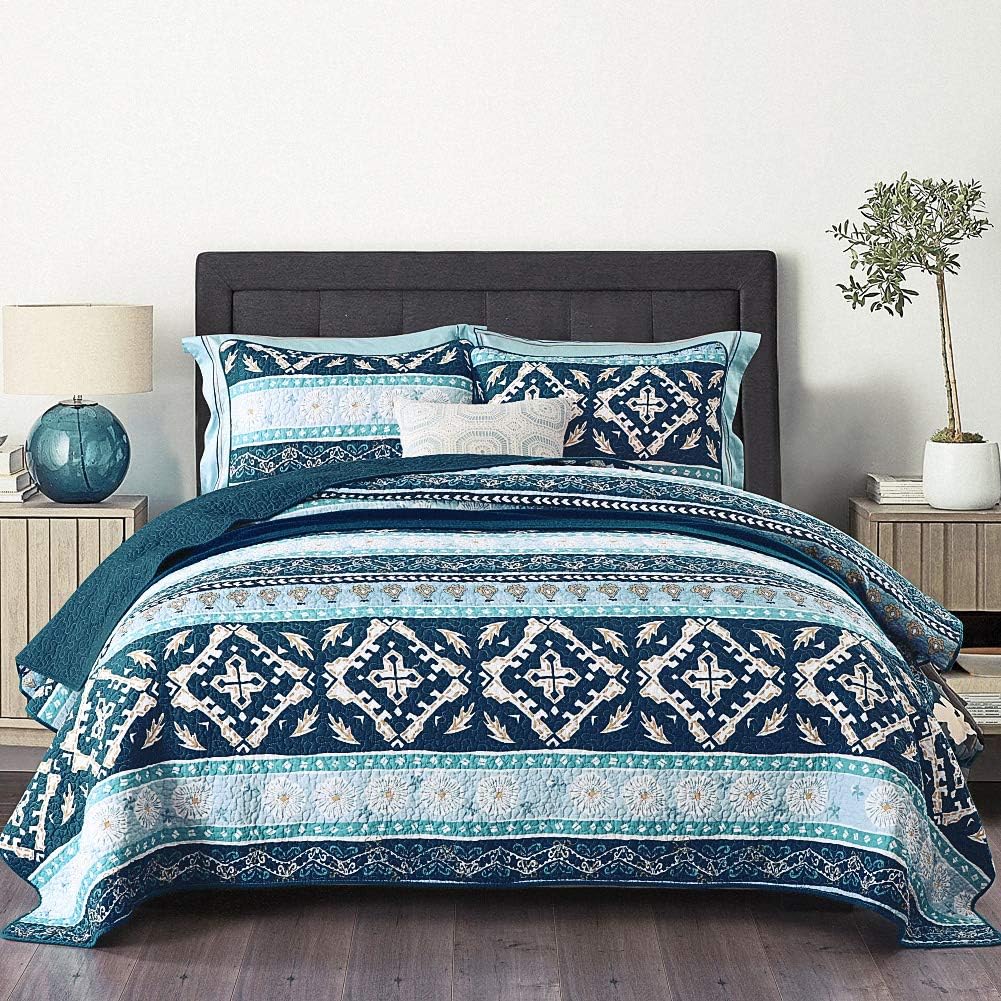 NEWLAKE Reversible Patchwork Quilt Set Boho Chic Queen Size