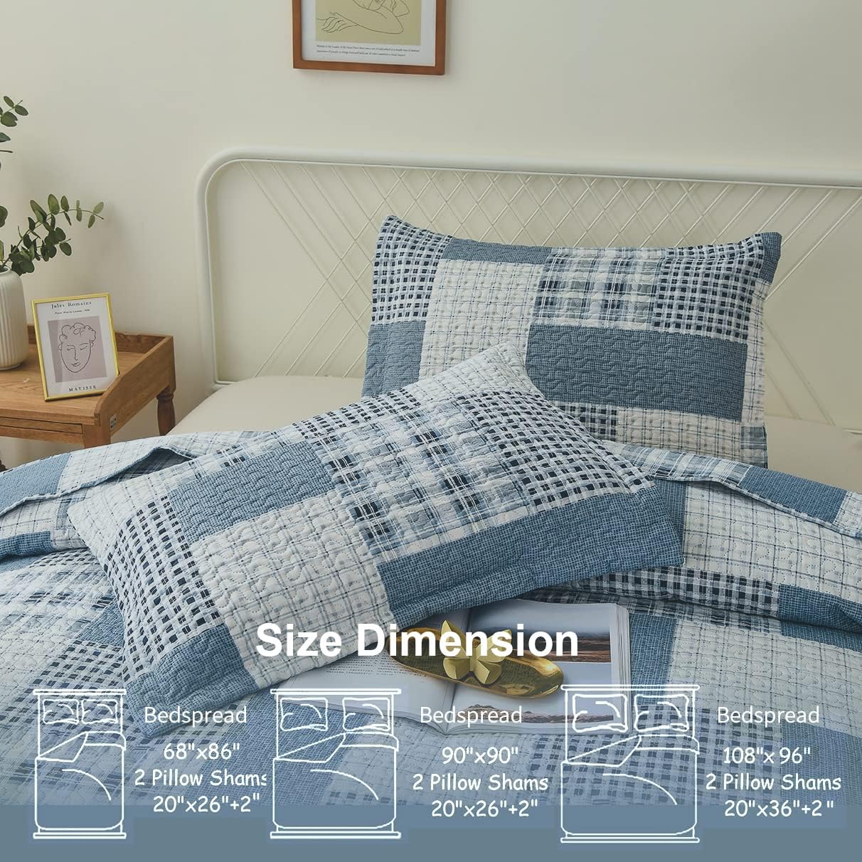 CHESITY 3 Piece Plaid Quilt Set Queen Size