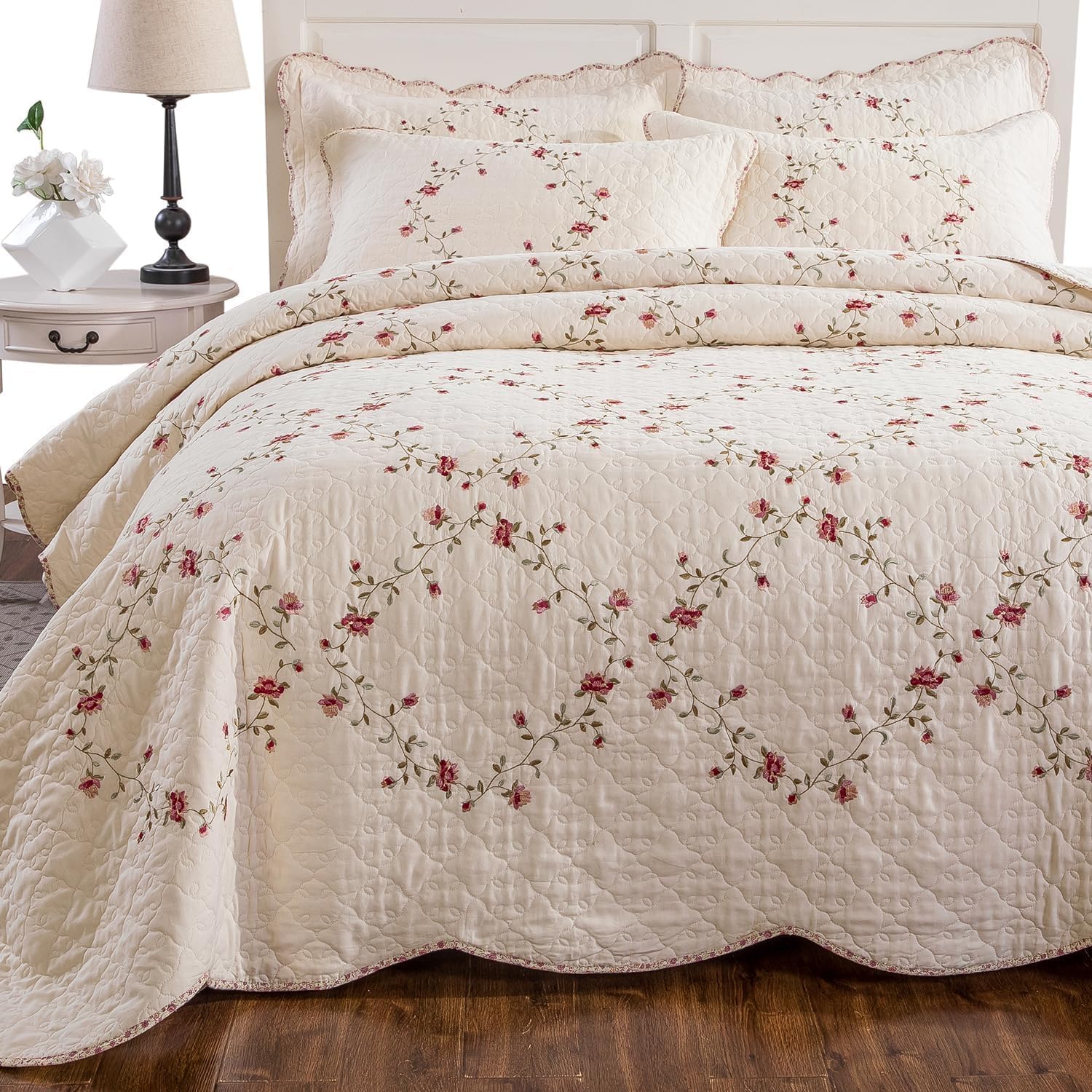 EAVD Floral Embroidered Quilt Set King Size Beige 3 Pieces
