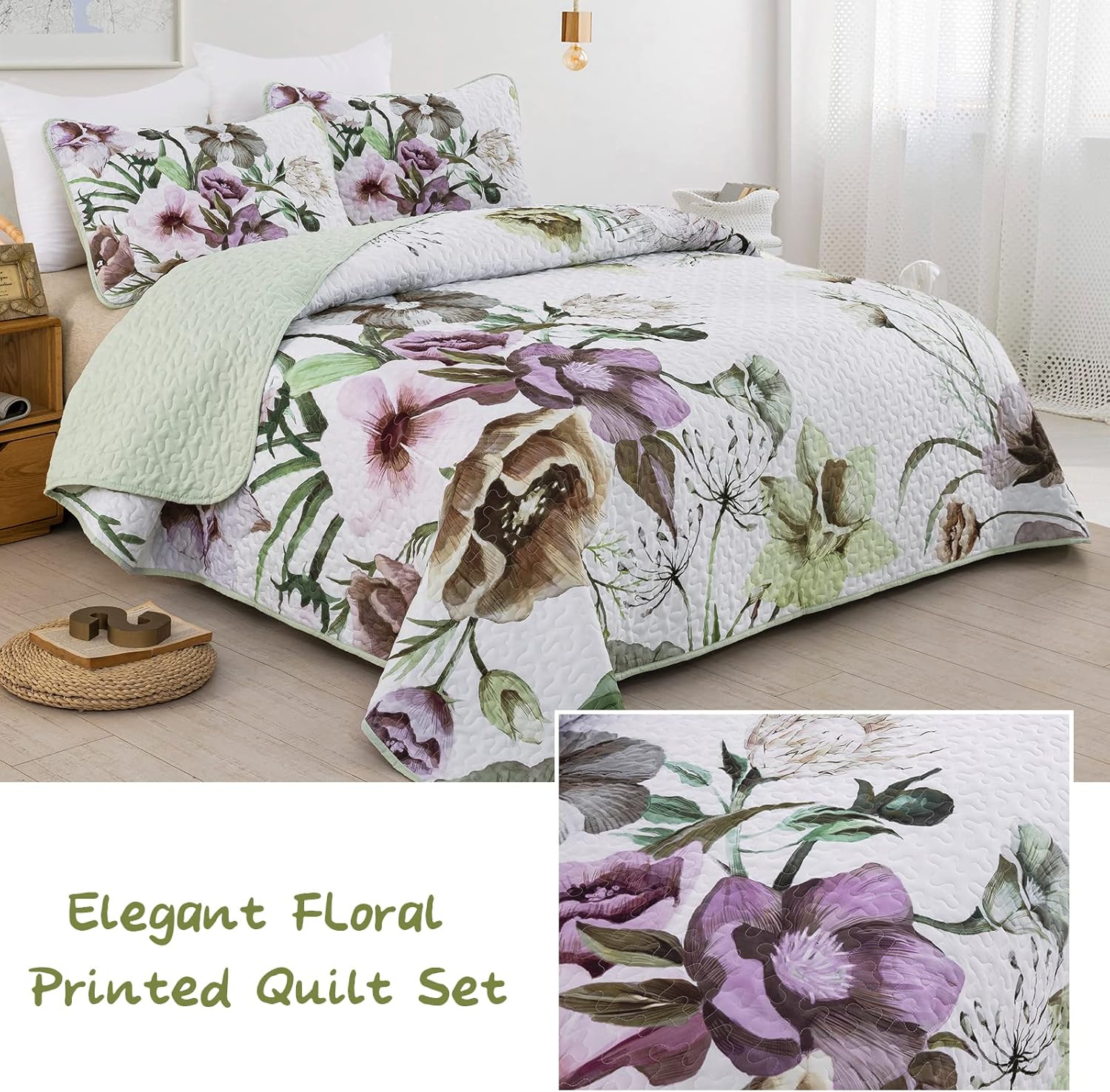 Drucon Floral Quilt Set 3 Piece King Size Boho