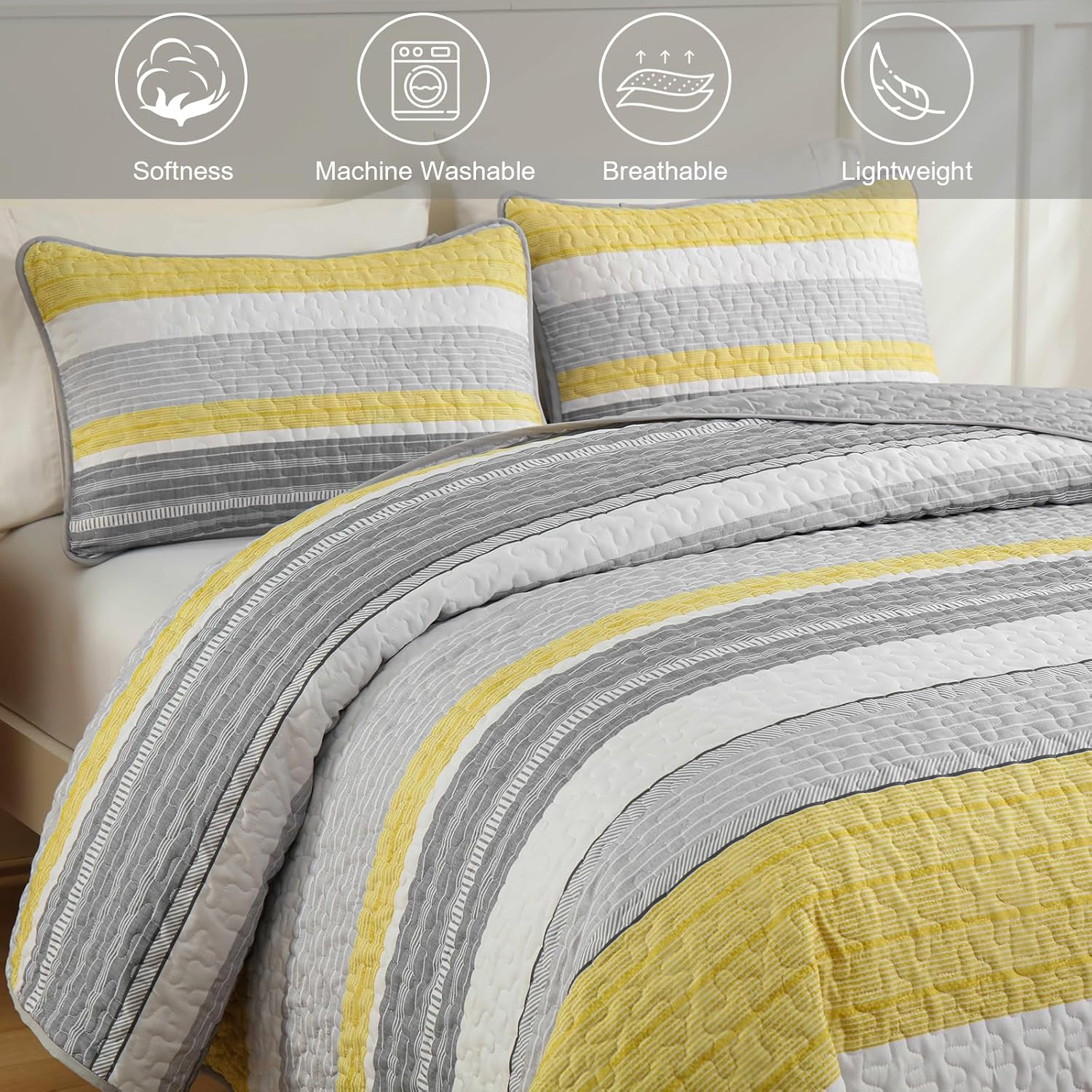 Djoymock Quilt Set Queen Size 3 Piece Fall Striped Bedding Set