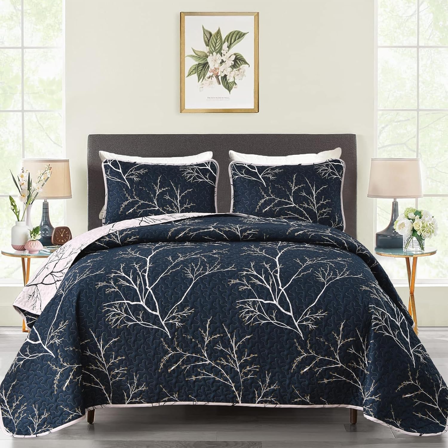 DJY 3 Piece Navy Floral Reversible Quilt Set