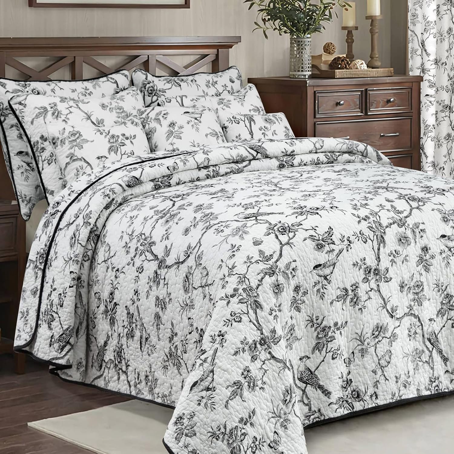 Evenhug 100 Cotton Reversible Quilt Set Queen Size Black Bird Pattern