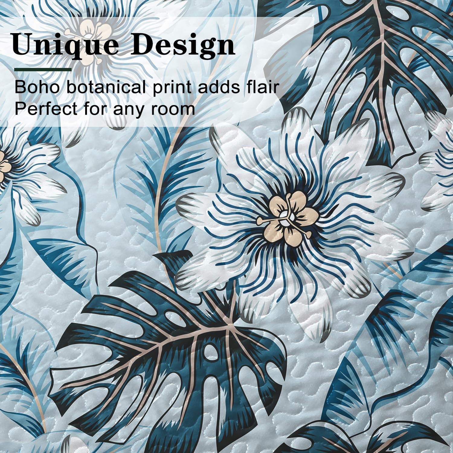 Yogeneg Light Blue Botanical Queen Quilt Set 3 Piece