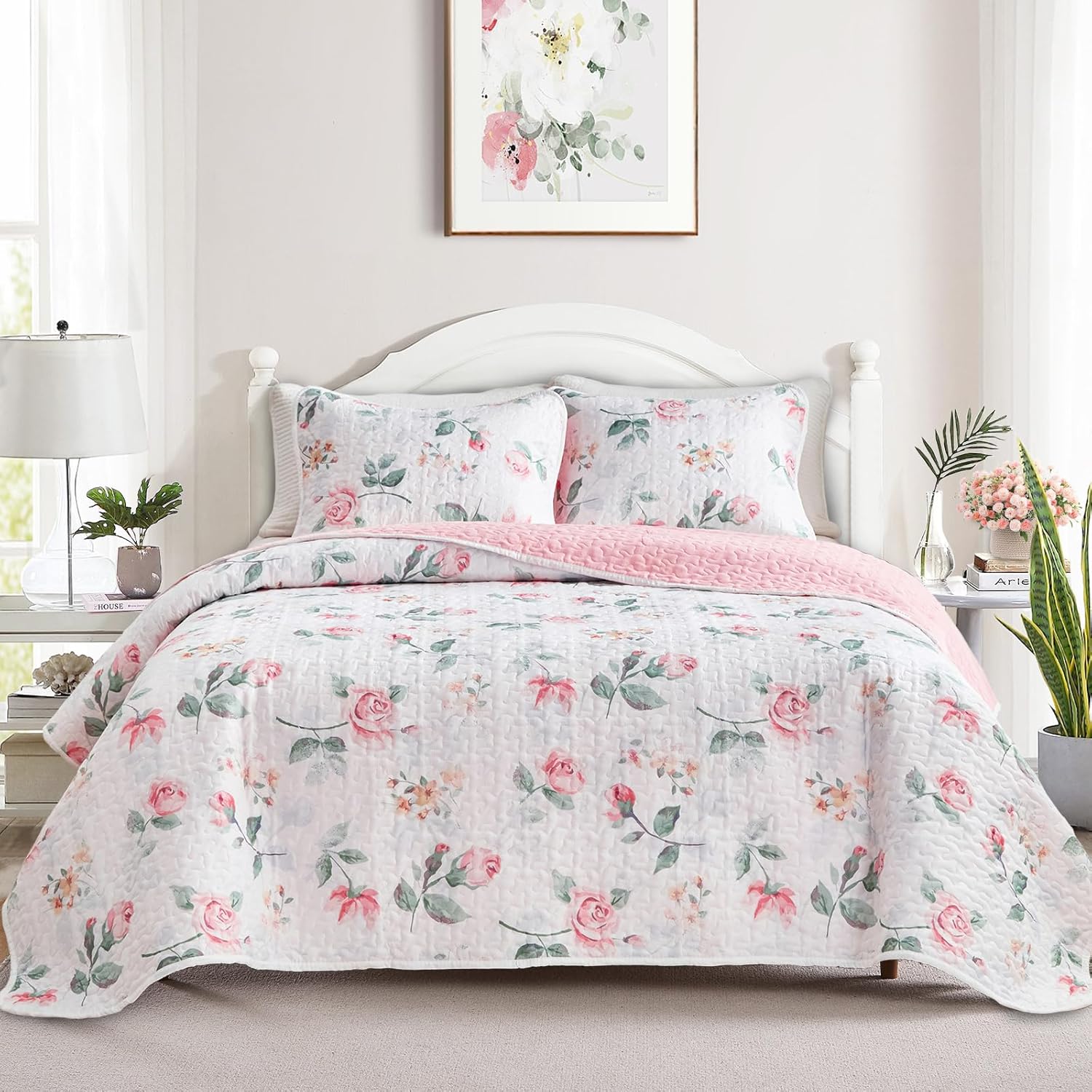 UOZZI Floral Quilt Set Queen Size 88x88 3PC Reversible