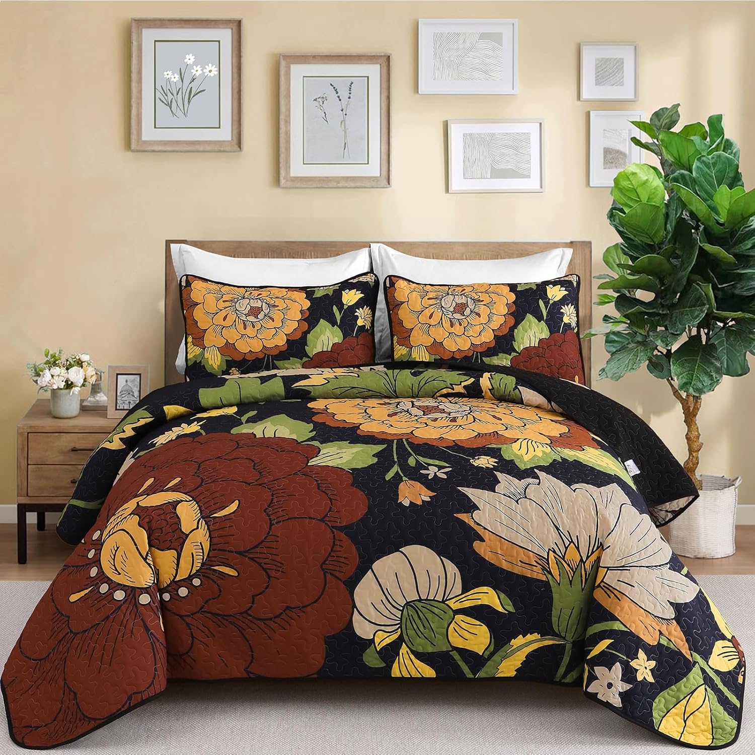 DJY Floral Quilt Set - Boho Cal King 3 Piece Bedding