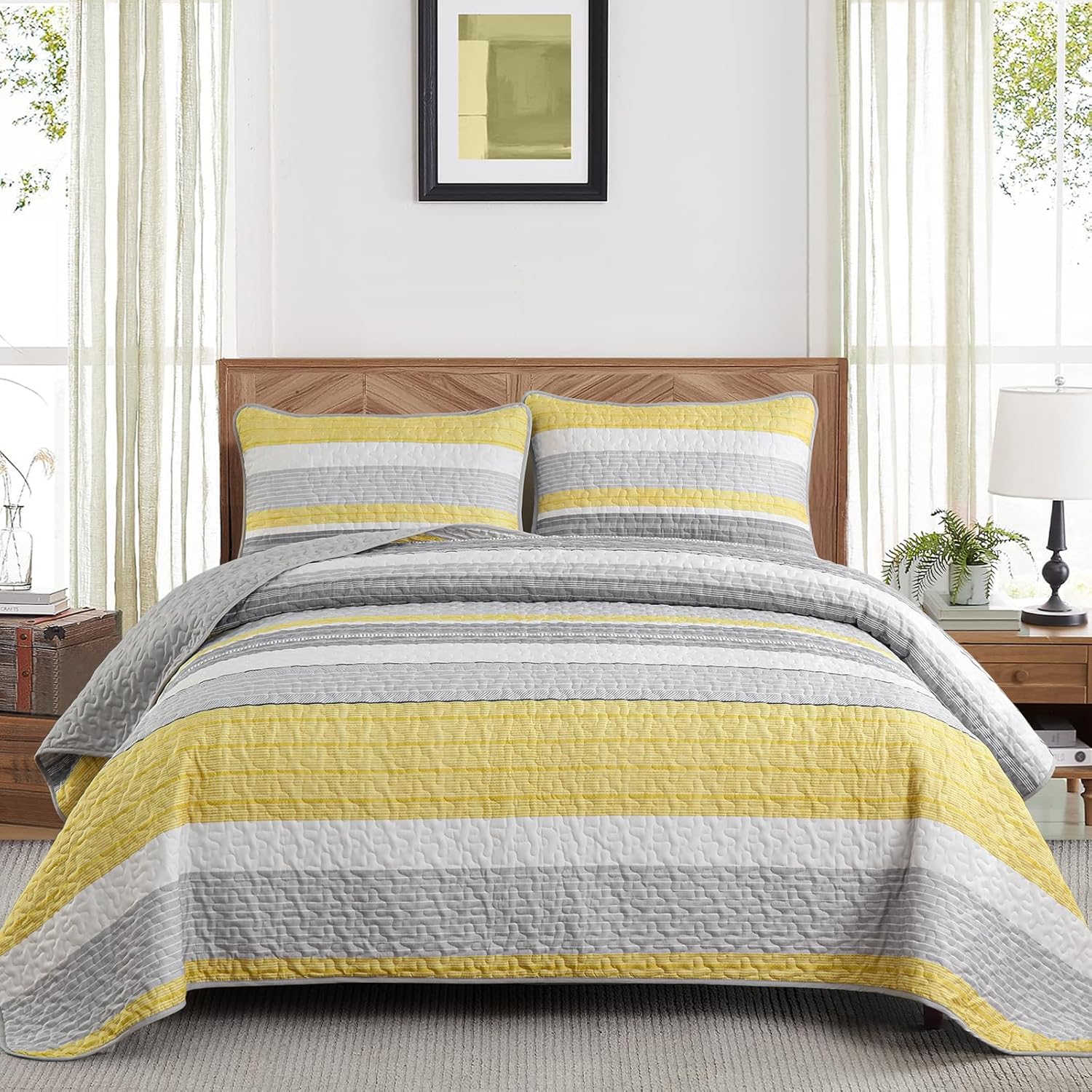 Djoymock Quilt Set Queen Size 3 Piece Fall Striped Bedding Set