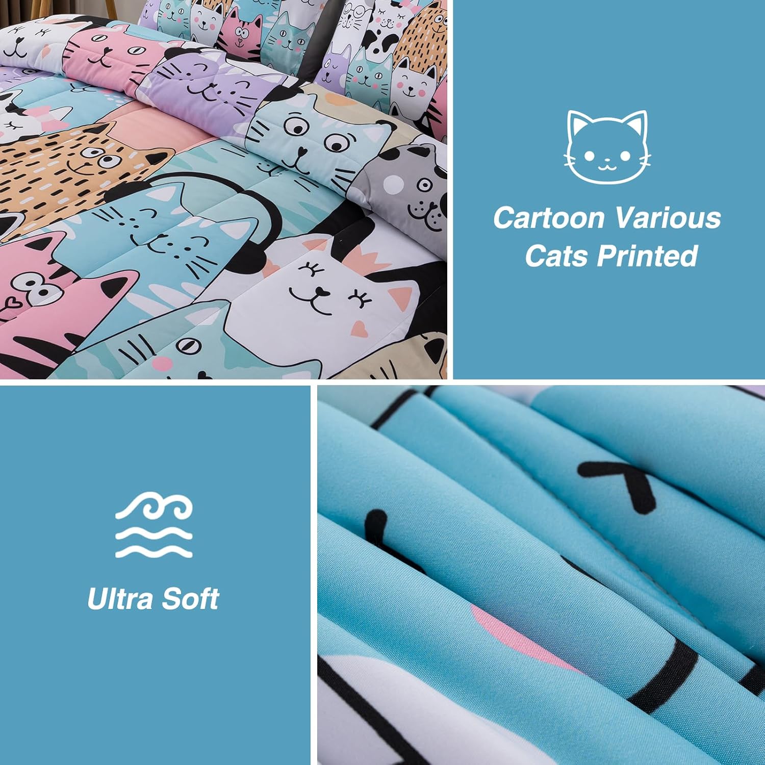 A Nice Night - Kids Boys Cartoon Cats Bedding Set 5Pcs